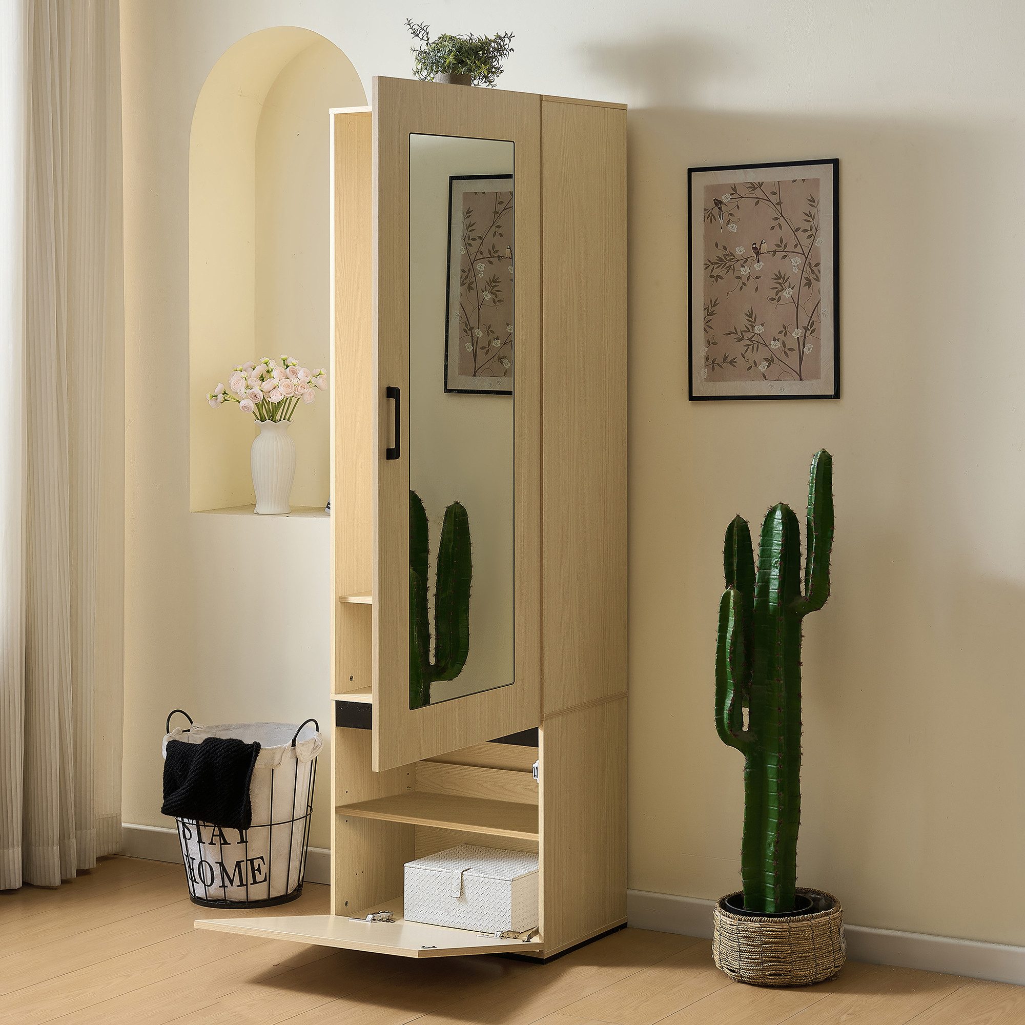 Refined Living Garderoben-Set Schmaler Garderobenschrank mit Spiegel & ausziehbarer Kleiderstange, (Garderobe Flur Eingangs­schrank Flur-Schrank mit Spiegel, Schuh- und Jackenschrank, Moderner Flur- und Eingangs­schrank aus MDF in heller Holzoptik mit schwarzen Details, 1-St., Hochwertiges Material & einfache Montage,Großer Stauraum), platzsparend für Flur, Eingangsbereich, Schlafzimmer & Wohnung