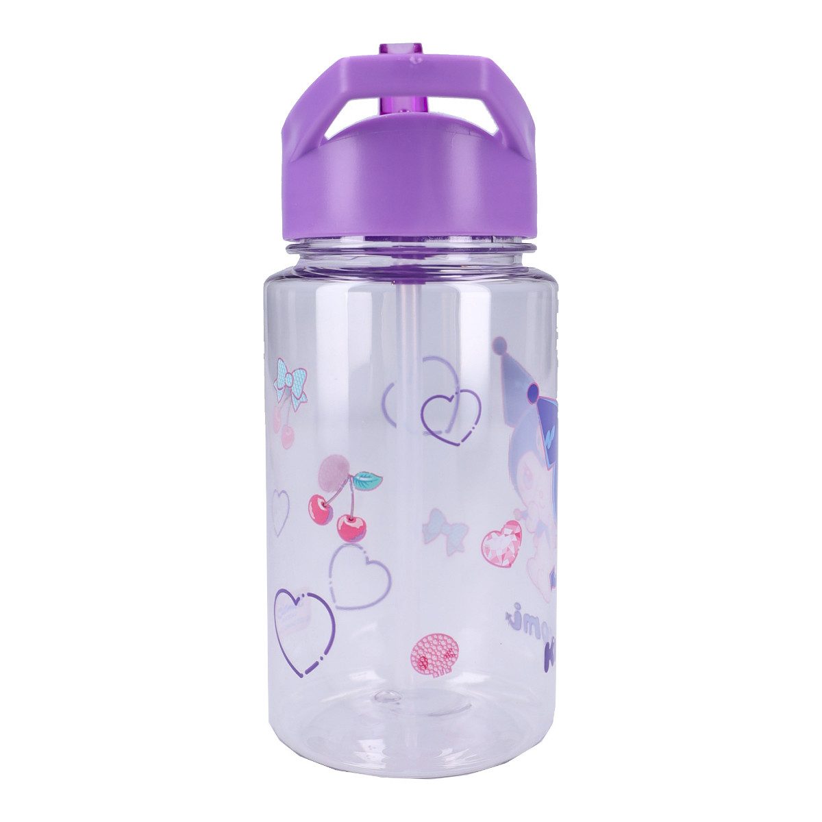 Hello Kitty Trinkflasche Kuromi 450 ml transparent mit Klappdeckel und Strohhalm