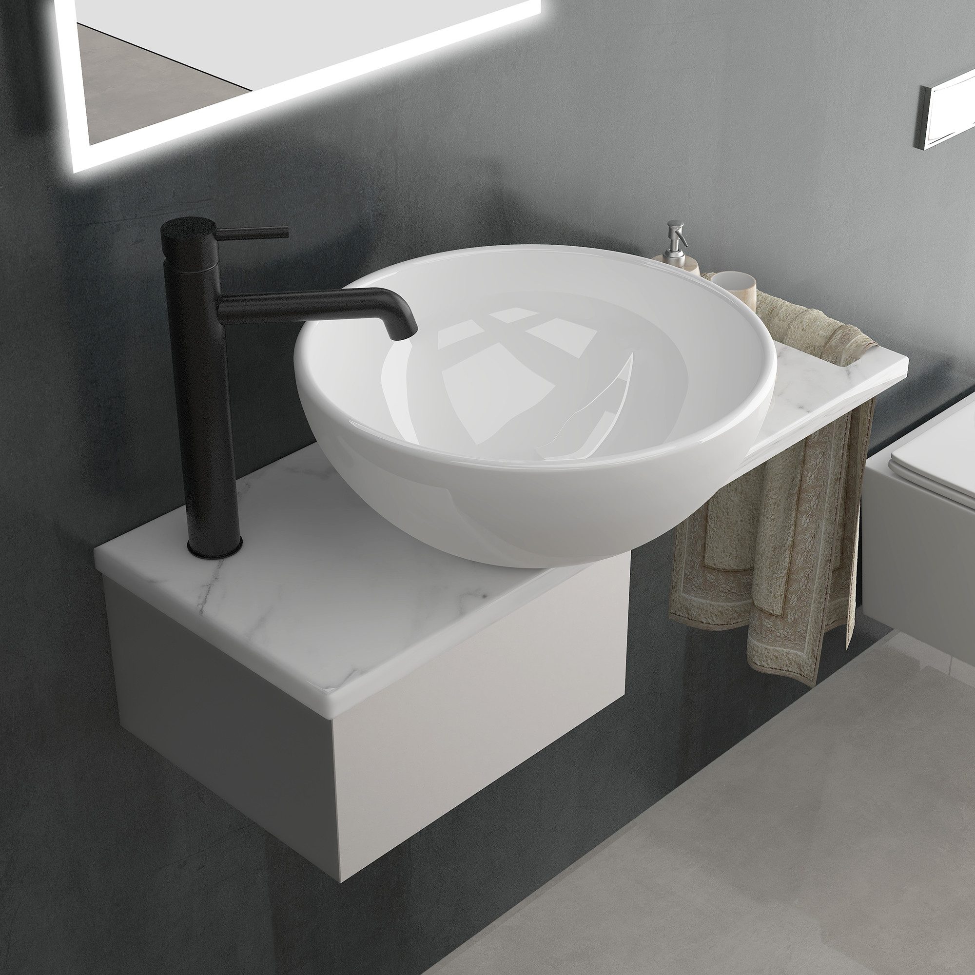 Alpenberger Aufsatzwaschbecken Rund - Waschschüssel Waschbecken Klein Gäste WC Set mit Handtuchhalter (Waschschale mit Nano, Handwaschbecken), mit Keramikplatte – Bild 4 von 5