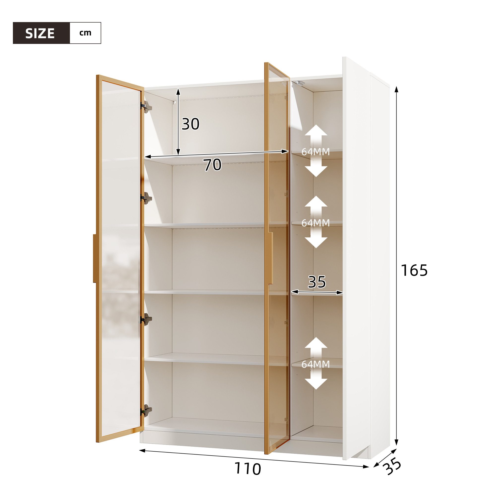 Flieks Glasvitrine Hochschrank mit LED-Beleuchtung, 2 Glastüren und 1 Holztüren (1-St., B110/T35/H165 cm) Standvitrine mit verstellbaren Einlegeböden Vitrinensc – Bild 4 von 5
