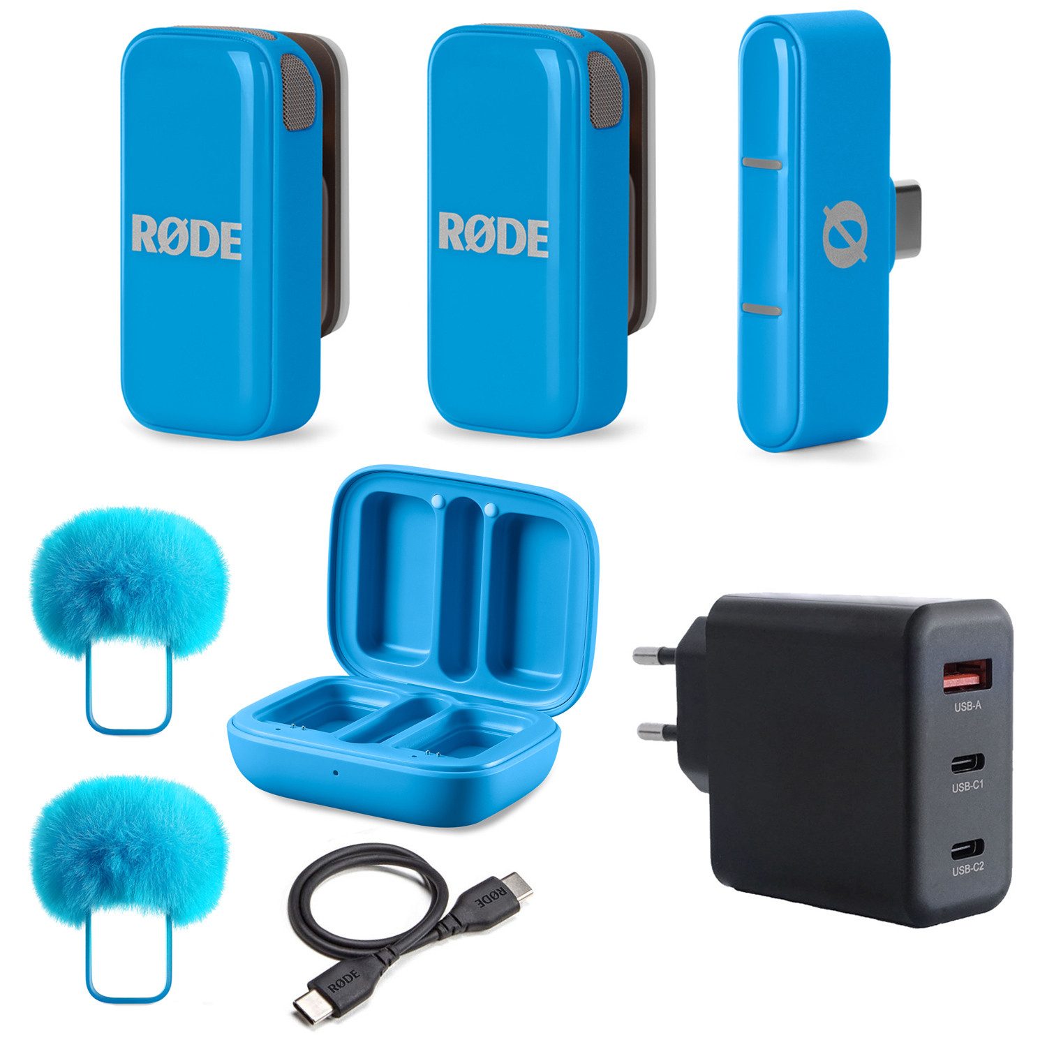 RØDE Rode Wireless Micro Drahtloses Mikrofon-System USB-C Blau mit Netzteil Digitales Aufnahmegerät (Vorteils-Set mit Netzteil)