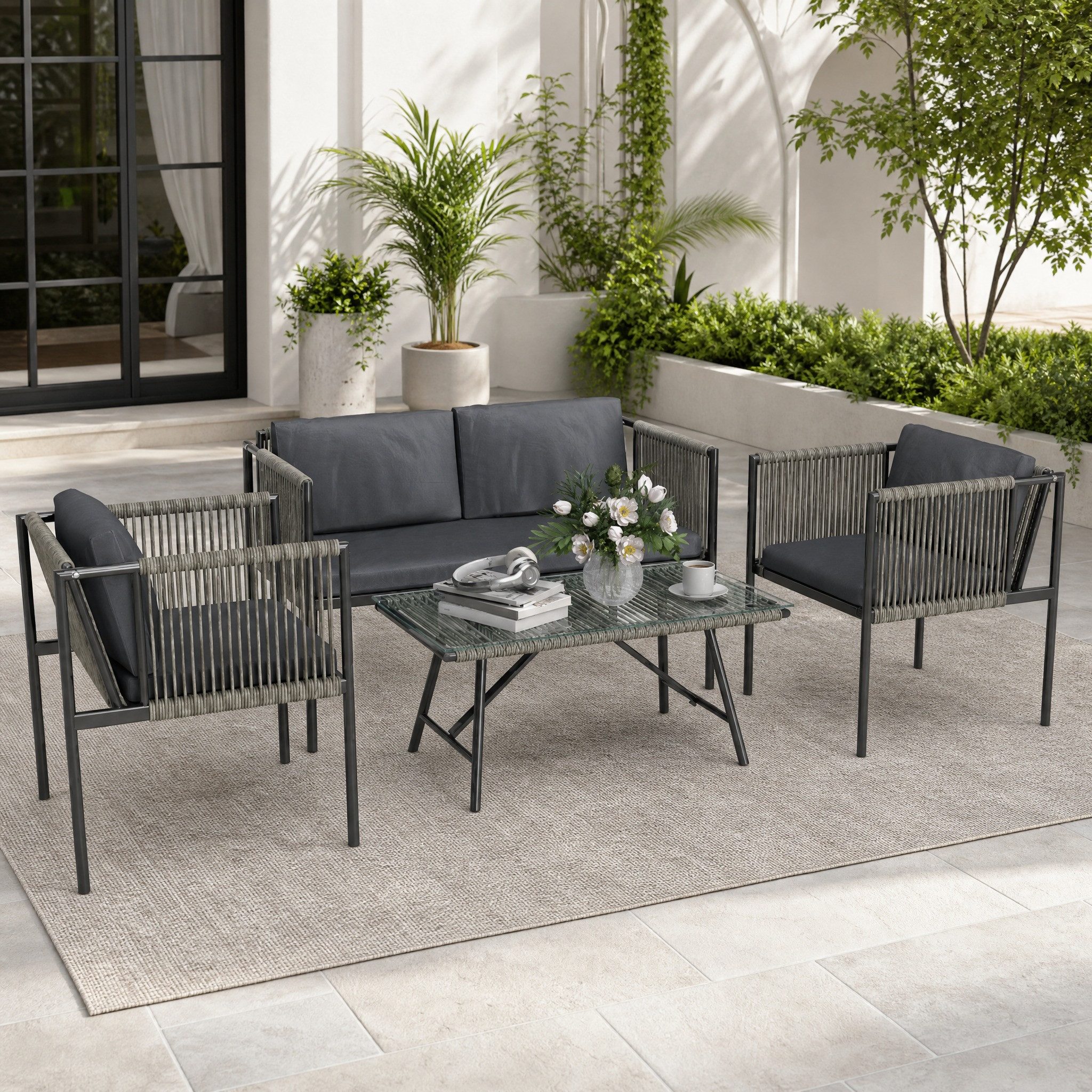 REDOM Sitzgruppe 4-teiliges Gartenmöbel-Set mit 1 Sofa, 2 Sesseln und Tisch, (Set, 4-tlg., Kissen inklusive, Tisch mit Glasplatte, robustes Design), Stahlrahmen und Kunststoff-Rattan in Grau für Terrasse & Garten