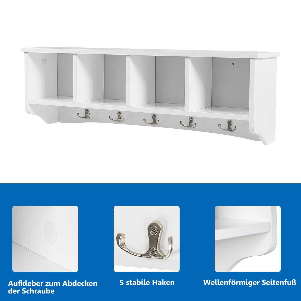 COSTWAY Wandgarderobe, mit 4 Fächern, 5 Doppelhaken, wandmontiert, 72x15x23cm