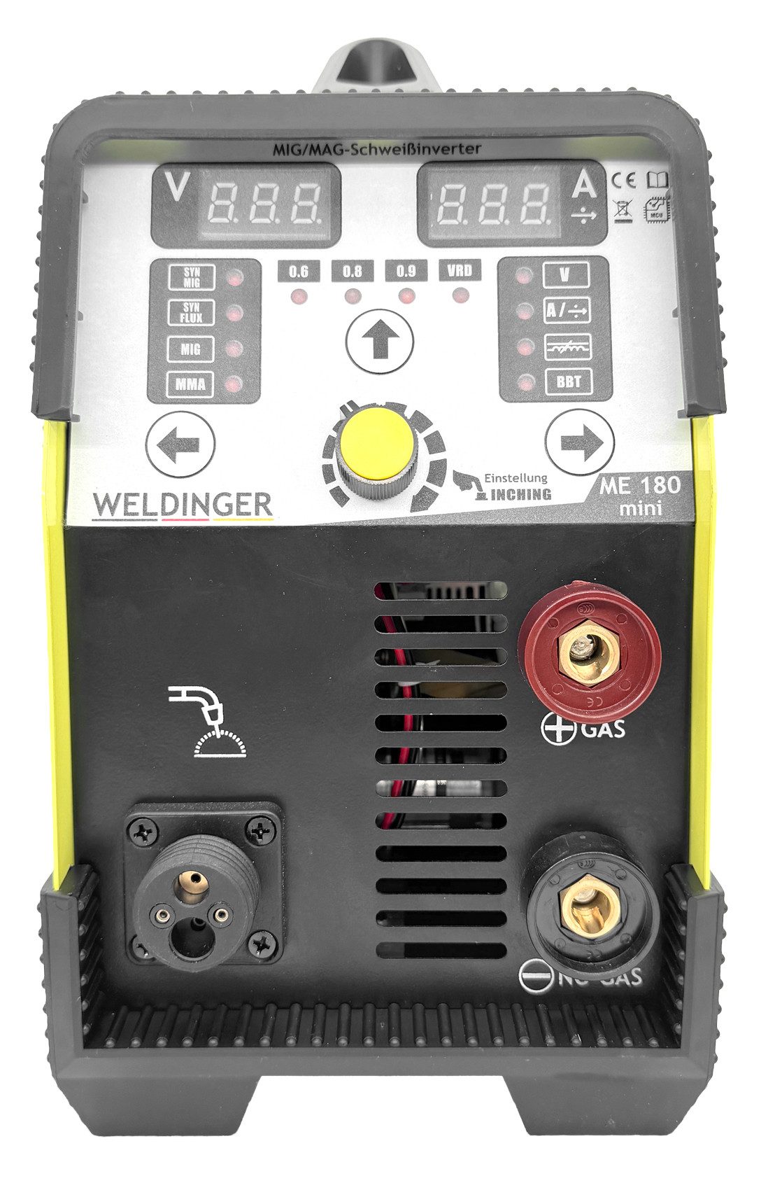 WELDINGER Schutzgasschweißgerät MIG/MAG-Schweißgerät ME180 mini mit Fülldraht- und Elektrodenfunktion, 30 - 180 A, Synergie für MAG-Fülldraht und MAG-Schutzgas