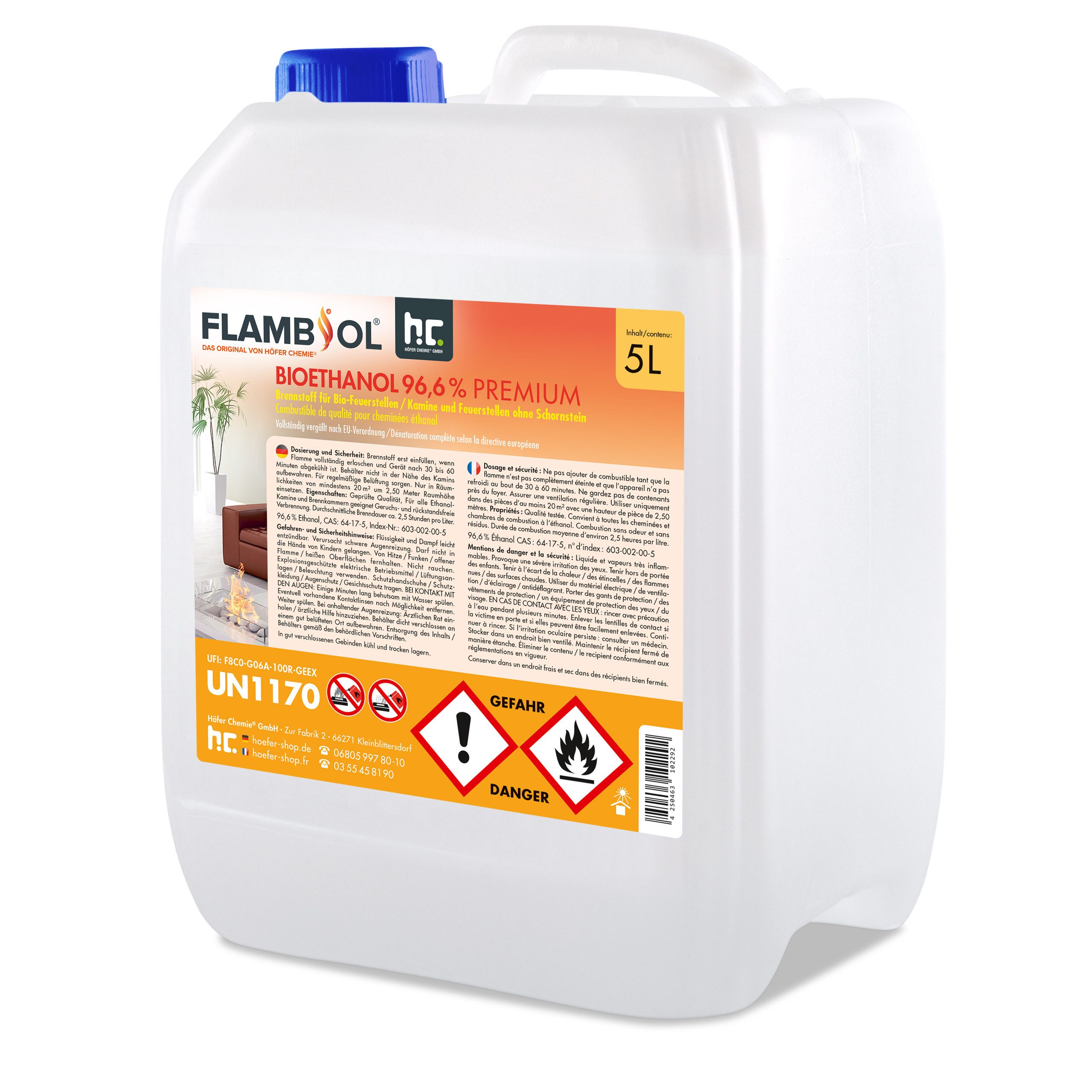 Höfer Chemie GmbH Биоэтанол 5L FLAMBIOL® Биоэтанол 96,6% Premium für Kamine & Ethanol-Brenner, 5 l, (1-St)