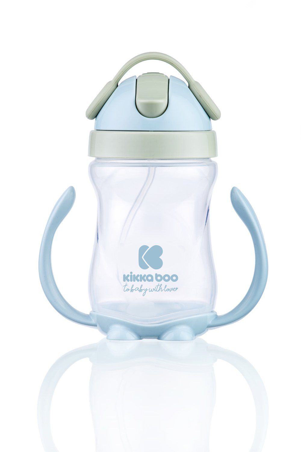 Kikkaboo Trinkflasche Trinklernbecher 300ml, mit Strohhalm Schnabeltasse Griffe Schutzdeckel blau