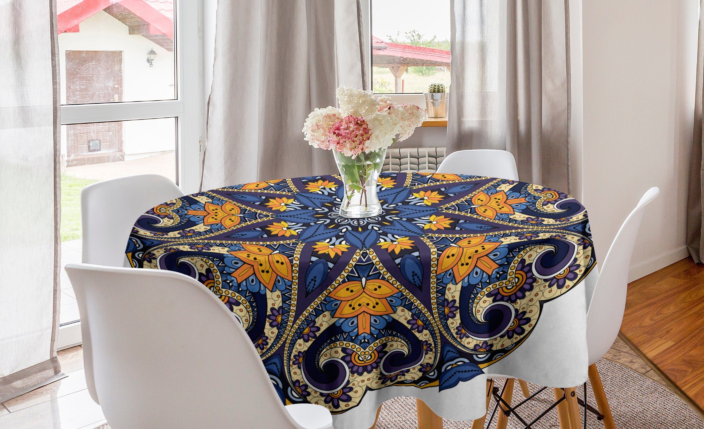 Abakuhaus Tischdecke Kreis Tischdecke Abdeckung für Esszimmer Küche Dekoration, Ethnisch Floral Mandala-Motiv | Tischdecken