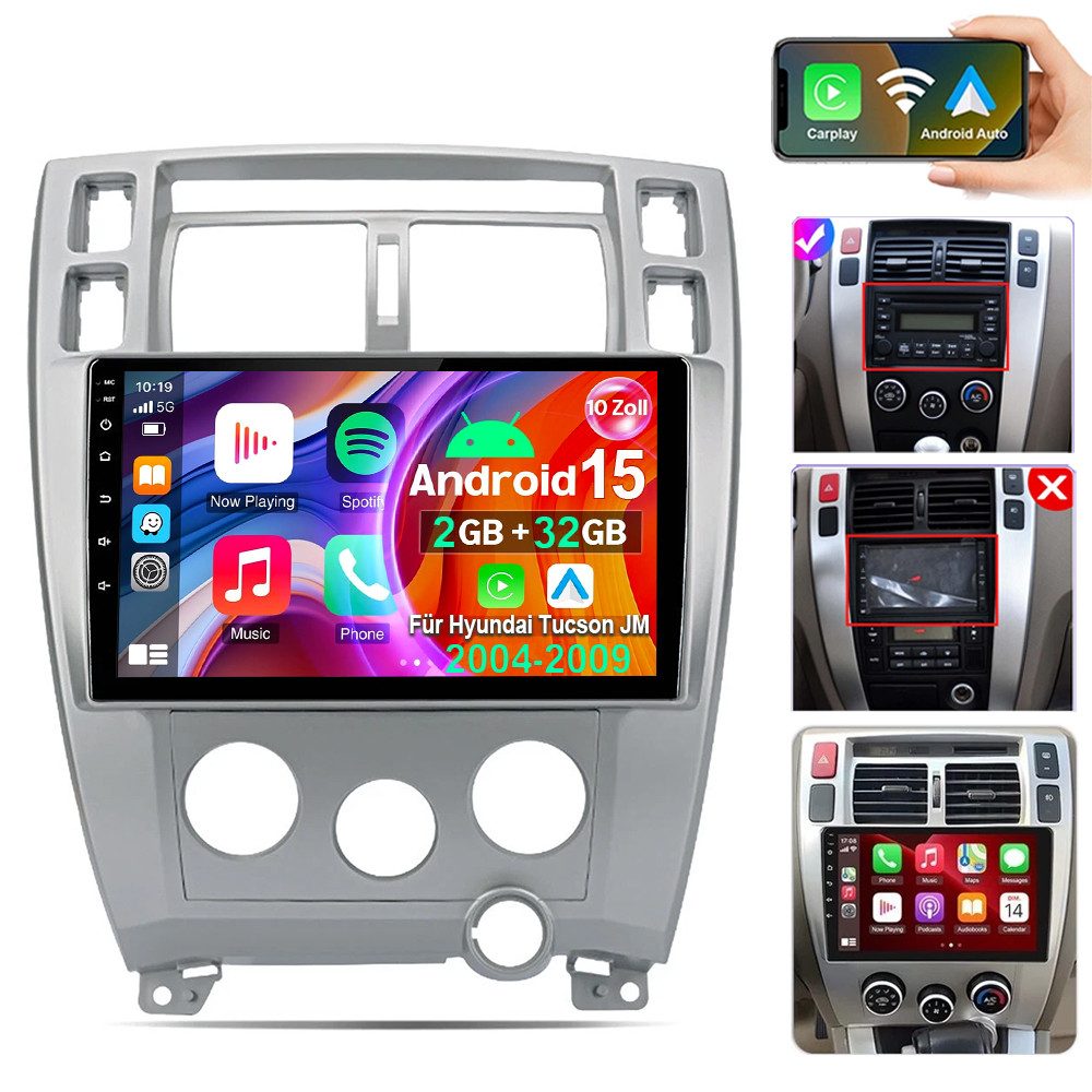 ESSGOO Android 15 CarPlay Für Hyundai Tucson JM 2004-2010 GPS NAVI Bluetooth Autoradio (RDS, 4+64GB(optional), DAB (optional), FM, GPS, DAB+ (optional), Carplay Android Auto Bluetooth EQ USB GPS Navi WIFI Touchscreen)