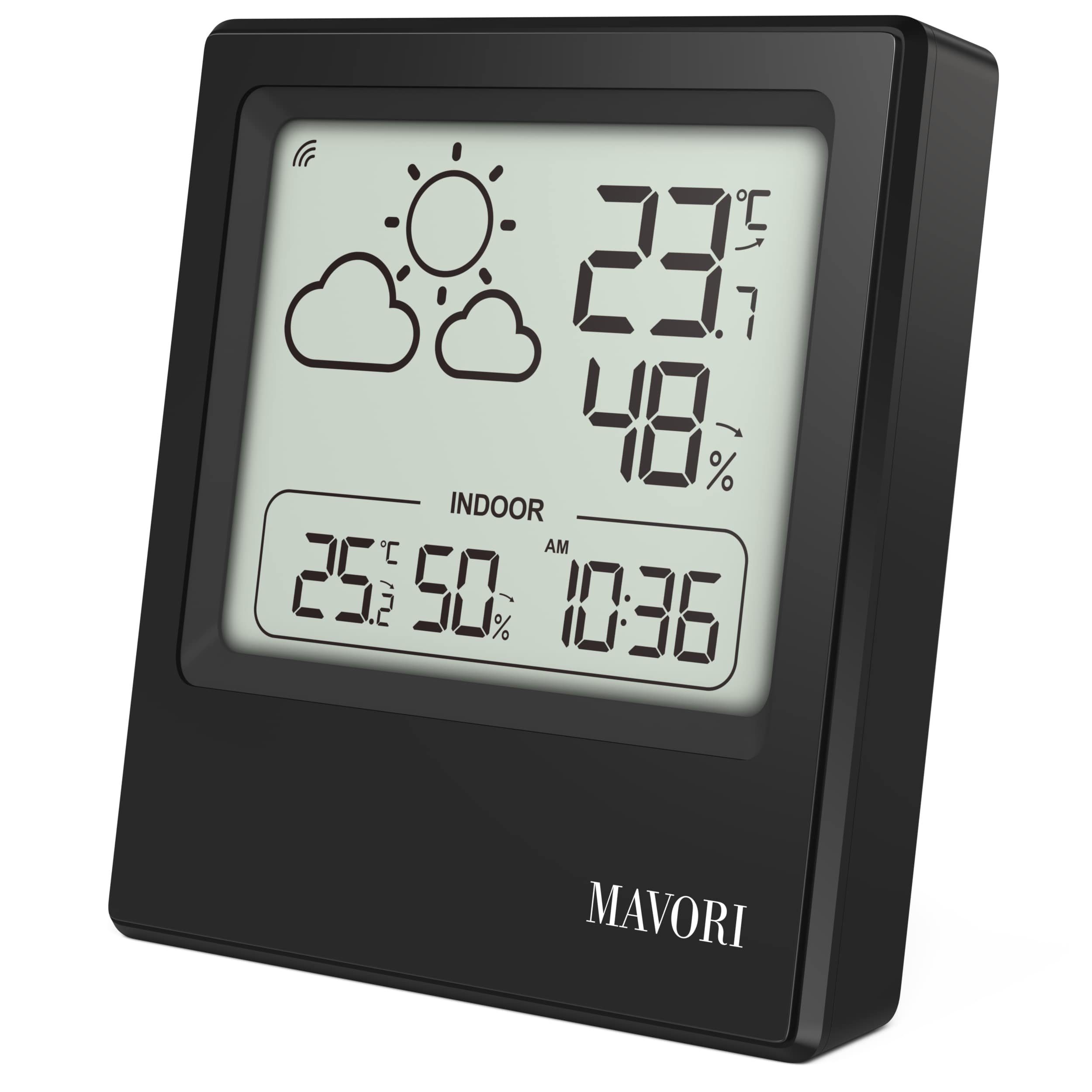 MAVORI Funk Wetterstation mit Außensensor - Hygrometer und Thermometer mit  Anzeige von Wettertrend und Uhrzeit - schlichtes und edles Design  Funkwetterstation