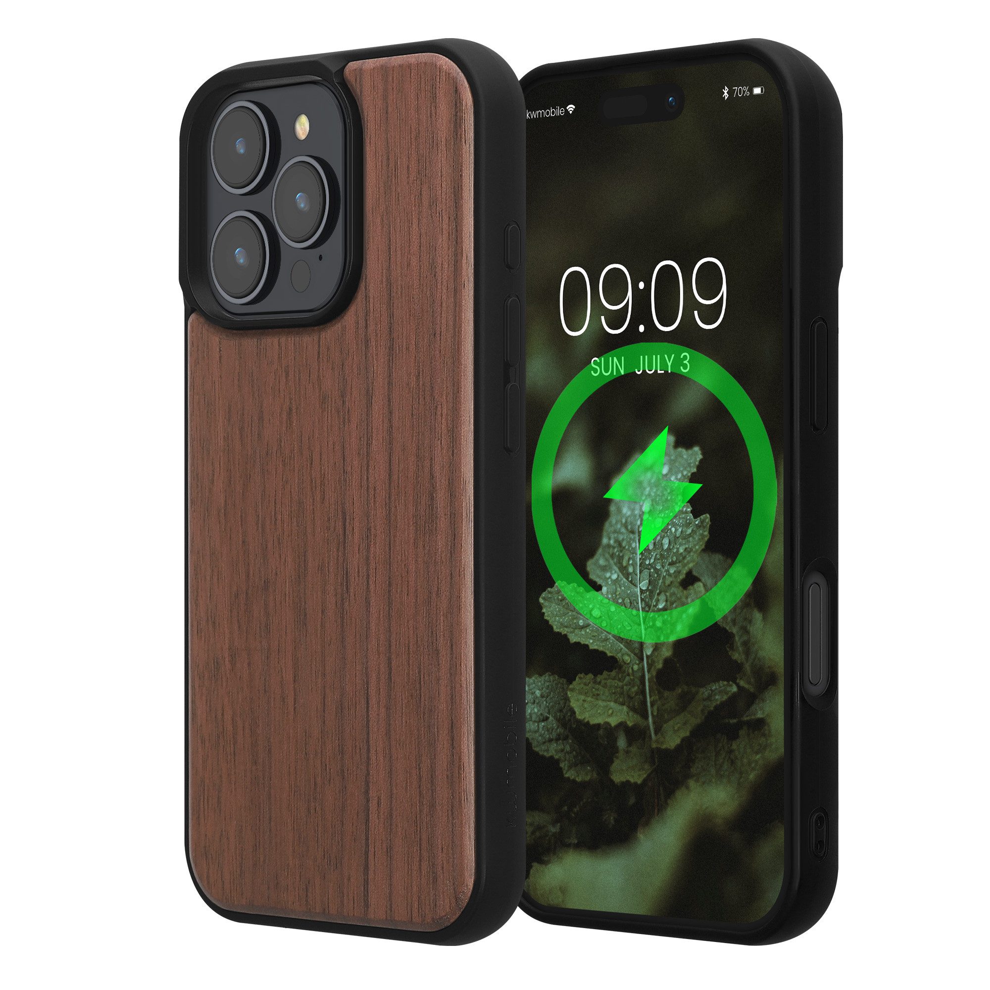 kwmobile Smartphone-Hülle Echtholz Schutzhülle für Apple iPhone 16 Pro Hülle, Cover aus Holz und TPU - Kompatibel mit MagSafe - Walnussholz