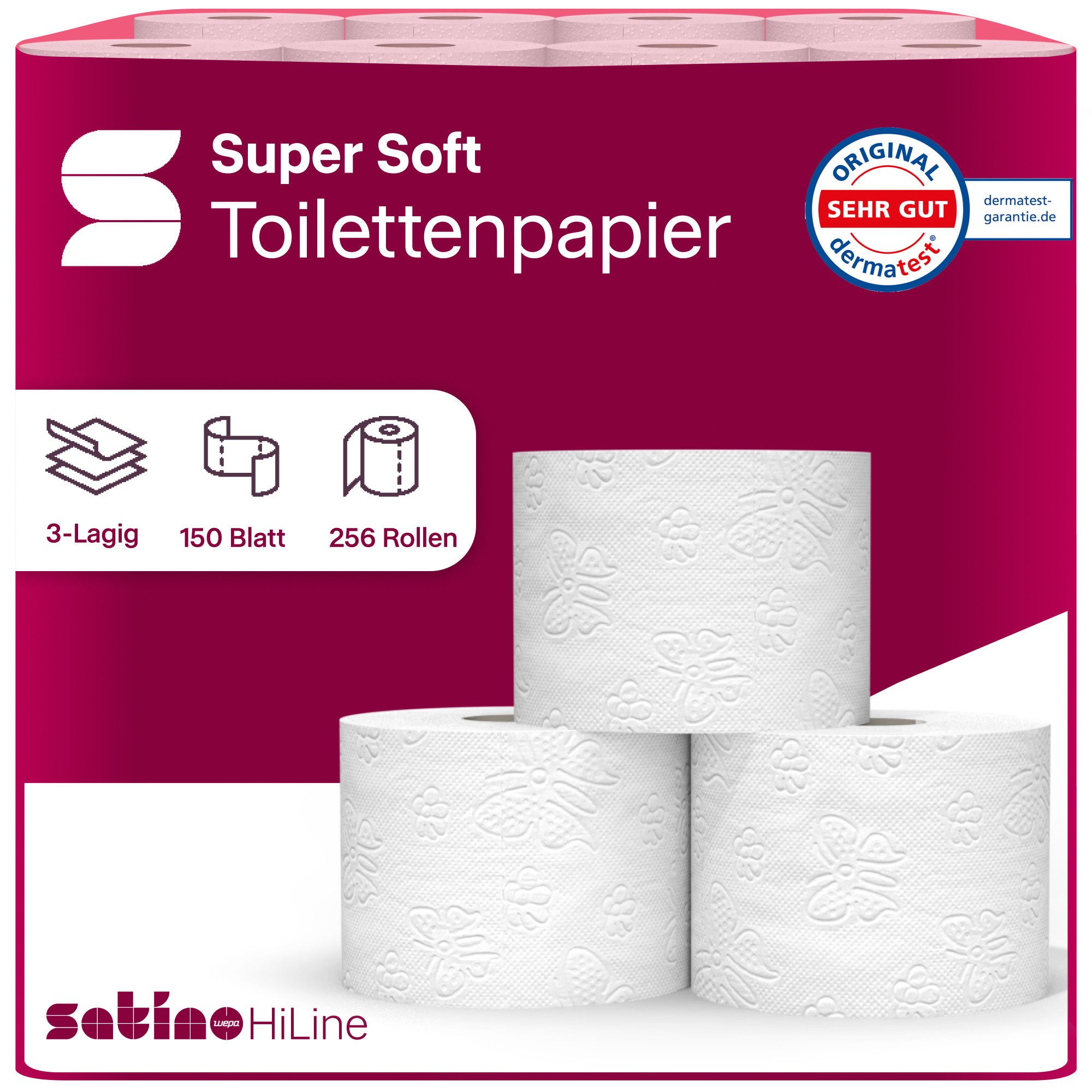 Satino Toilettenpapier 3-lagig - 128 Rollen (256-St. 128 Rollen á 150 Blatt)