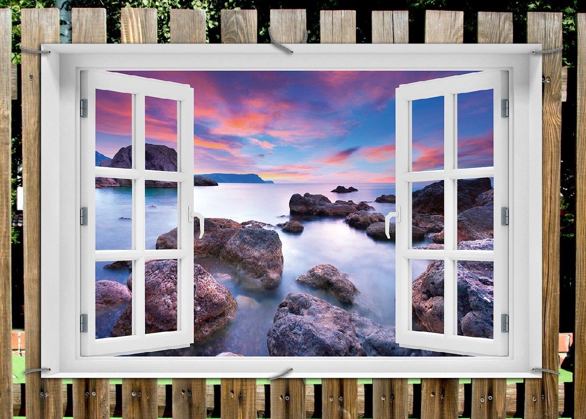 Thumbnail - Wallario Sichtschutzzaunmatten Seelandschaft in blau und rot mit großen Felsen, mit Fenster-Illusion