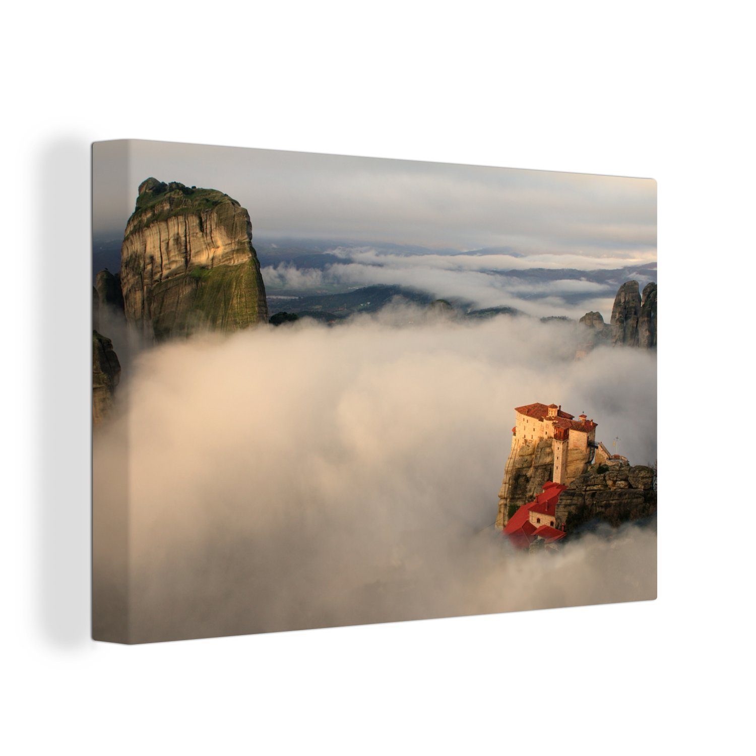 OneMillionCanvasses® Leinwandbild Die Meteora-Klöster in einem Wolkenvorhang, (1 St), Wandbild Leinwandbilder, Aufhängefertig, Wanddeko, 30x20 cm