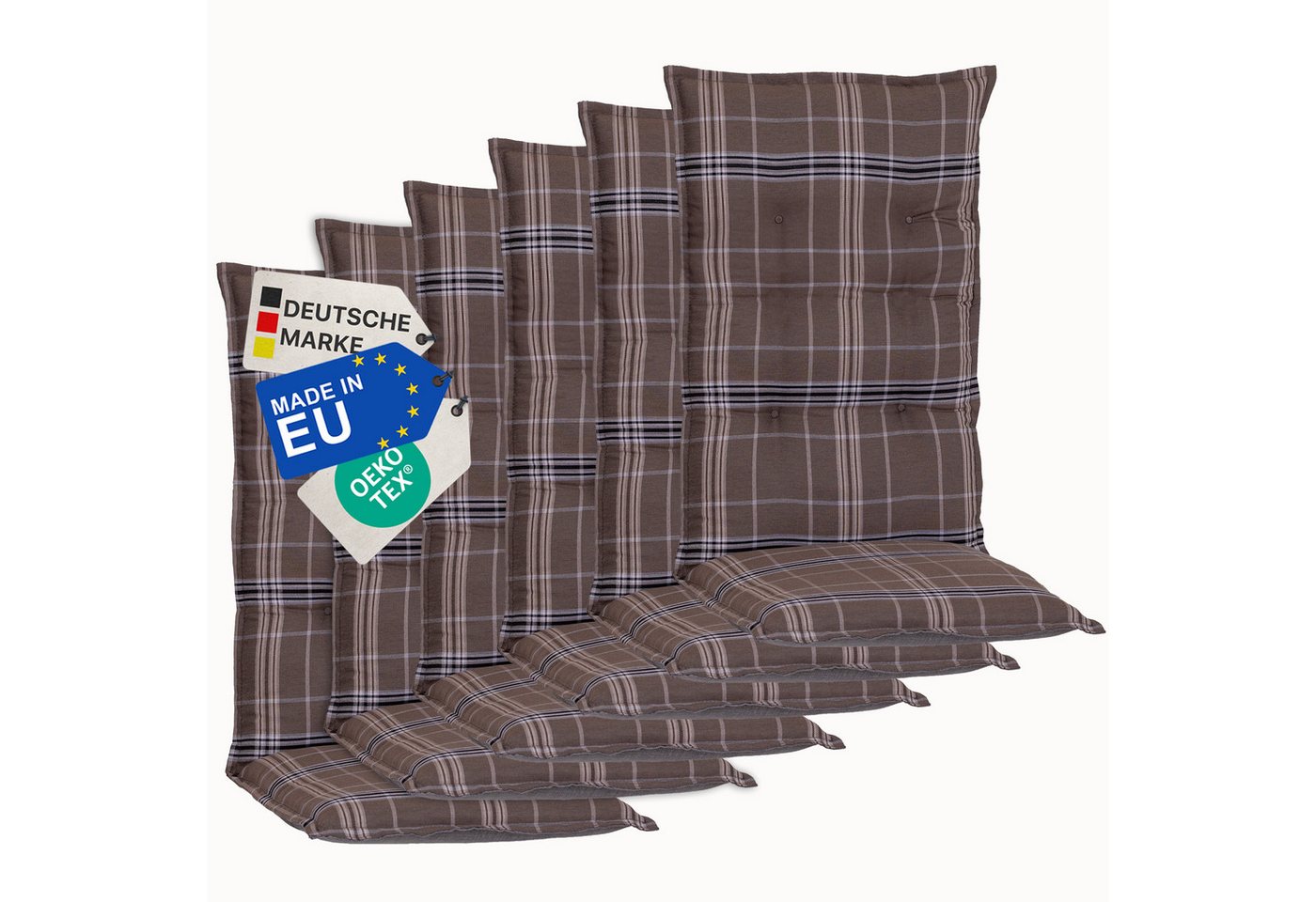 NYVI Hochlehnerauflage Hochlehner Auflagen 6er Set Barcelona - Gartenstuhlauflagen 118x50cm, (6 St), Stuhlauflage, Sitzauflage mit Halteband, UV-fest