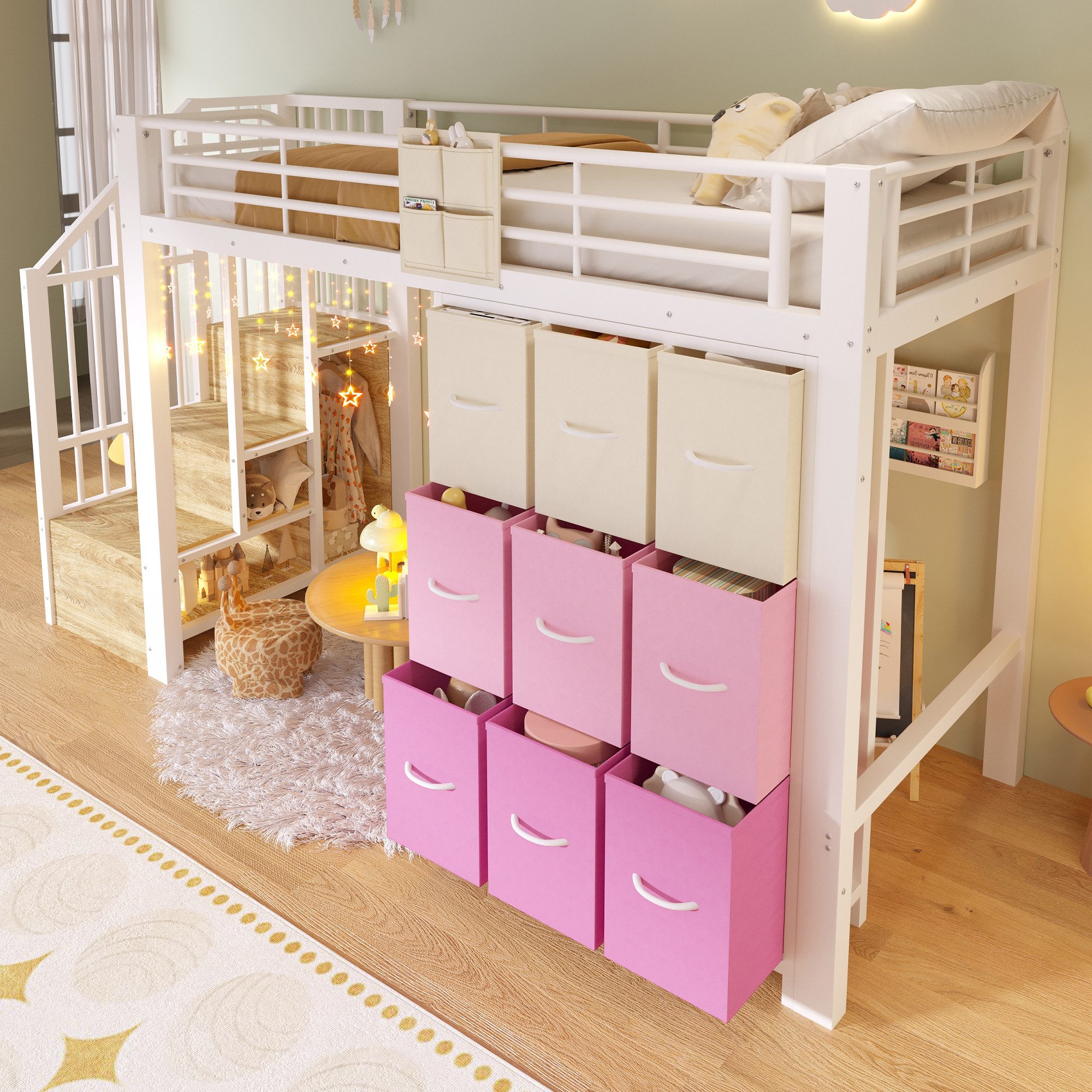 Flieks Hochbett Metallbett Kinderbett 90×200cm mit Kommode und Stauraumtreppe