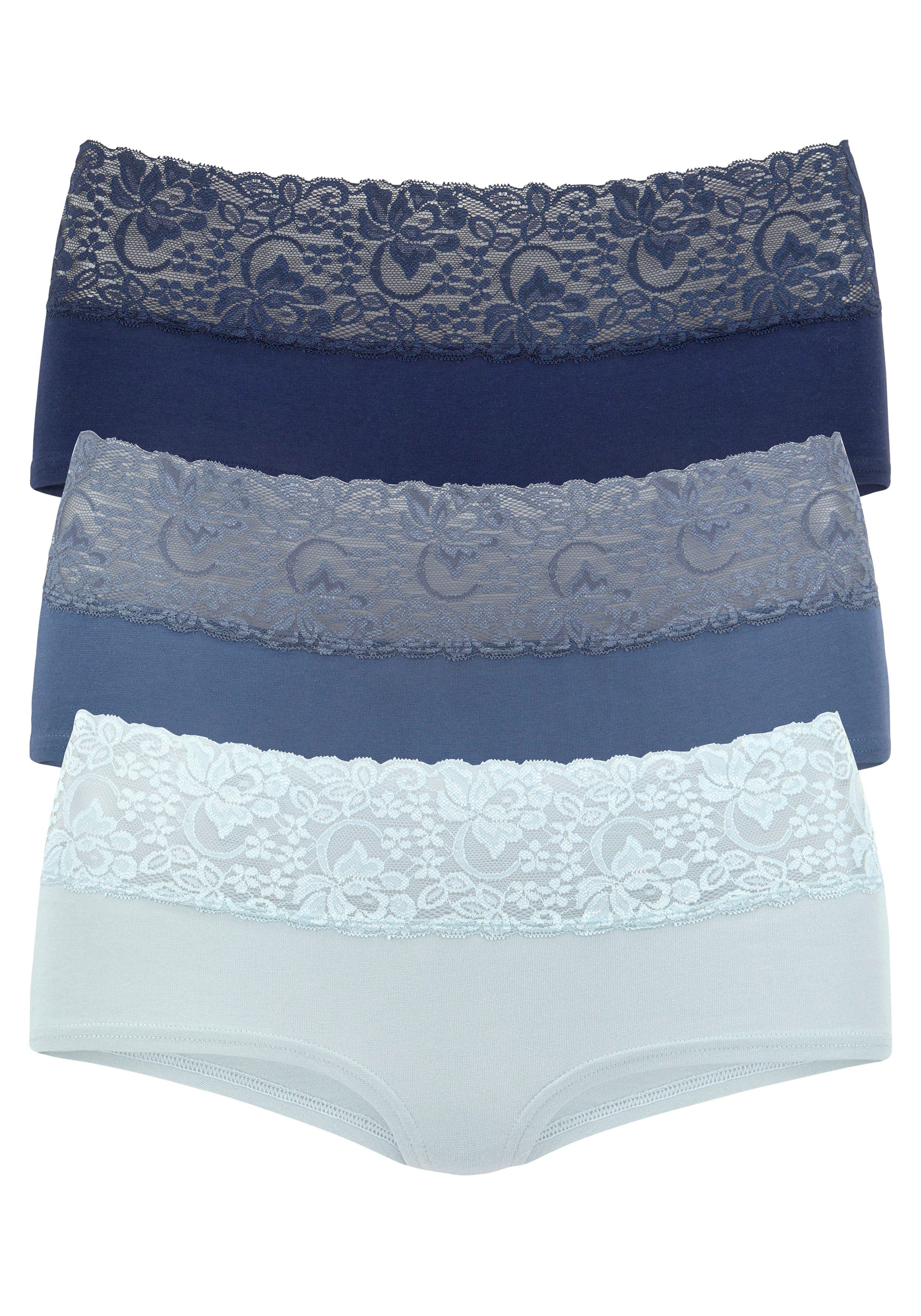 Mode-Online-Shop Vivance Panty Baumwolle 3-St) aus mit rauchblau, navy floraler (Packung, eisblau, elastischer Spitze