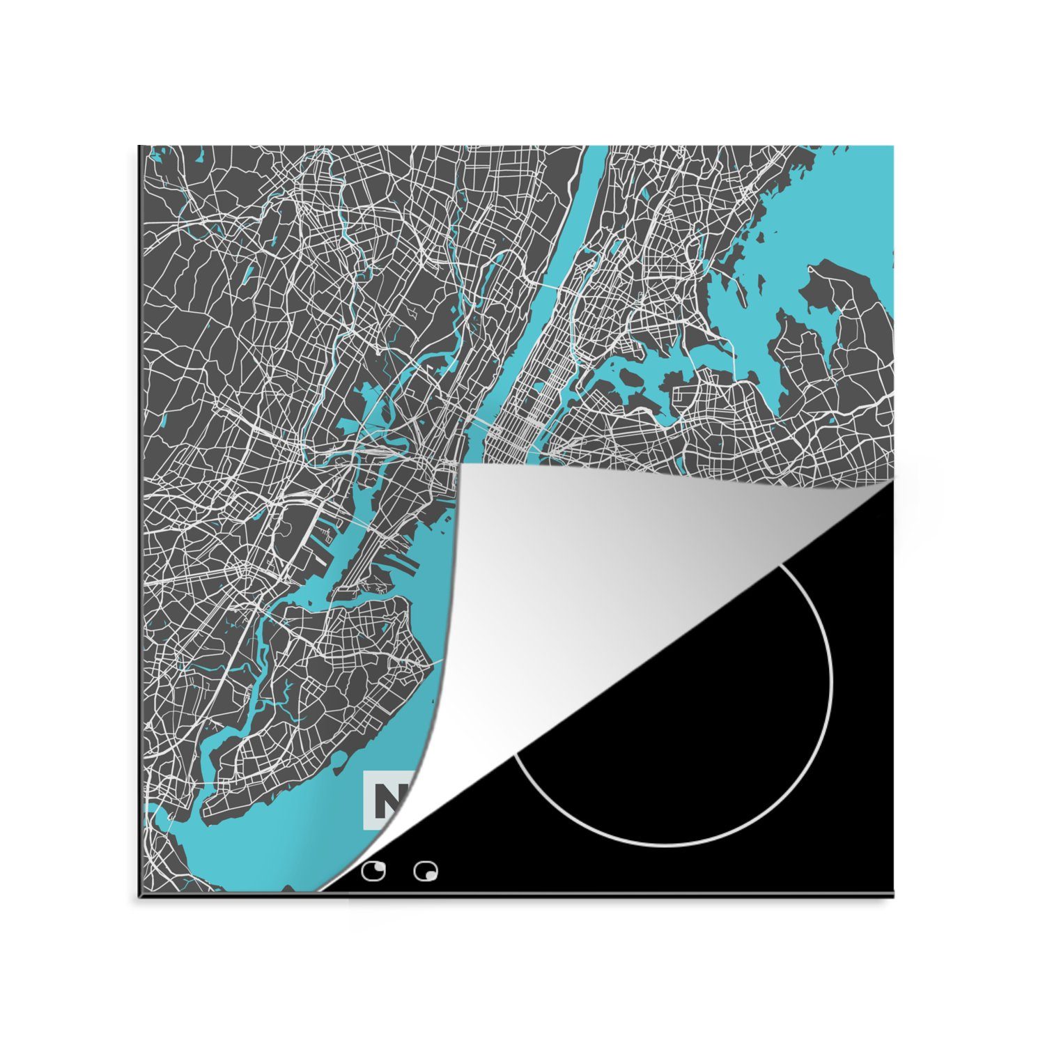 MuchoWow Herdblende-/Abdeckplatte Stadtplan - Blau - New York - Karte, Vinyl, (1 tlg), 78x78 cm, Ceranfeldabdeckung, Arbeitsplatte für küche | Herdabdeckplatten