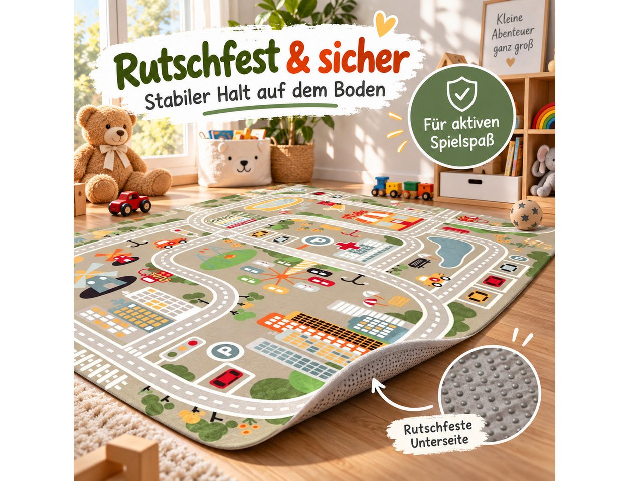 Luckice Kinderteppich mit Stadt- und Verkehrsmotiv, rutschfeste Unterseite, weiche Spielunterlage für Kinderzimmer,zum Spielen,Krabbeln und Lernen
