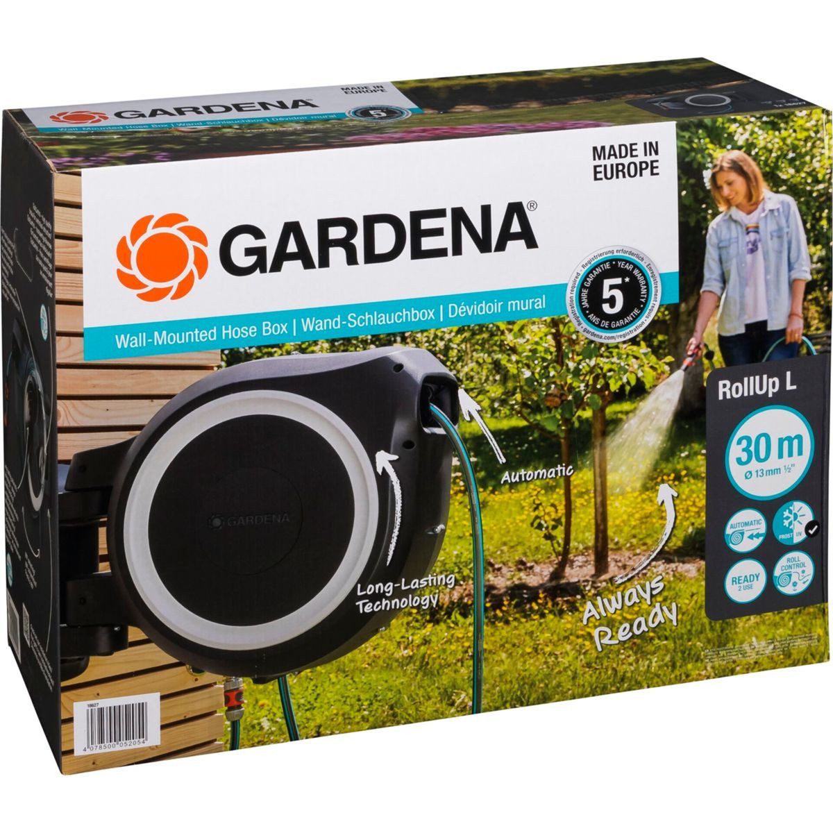 GARDENA Gartenschlauch Wand-Schlauchbox RollUp L (weiß) 30 m