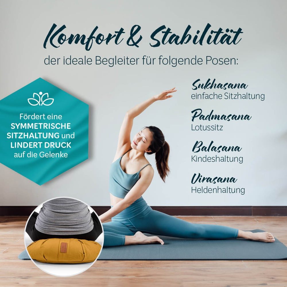 #DoYourYoga Yoga Bolster Zafu Halbmondkissen Ganesh, 100% Baumwolle Bio Bioweizenschalenfüllung 45x30x14 Yoga Meditation