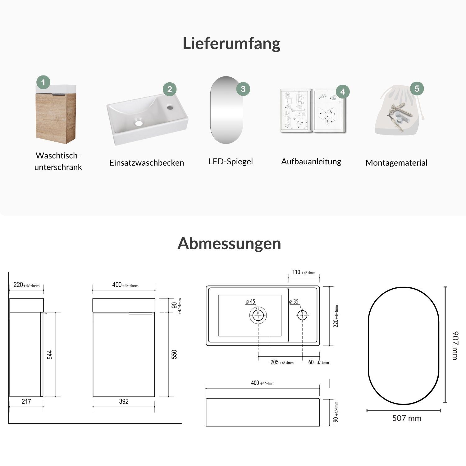Planetmöbel Badmöbel-Set Badmöbel-Set 40cm mit Spiegel, (Waschbecken mit Unterschrank, 3-St., Spiegelschrank Bad mit Beleuchtung)