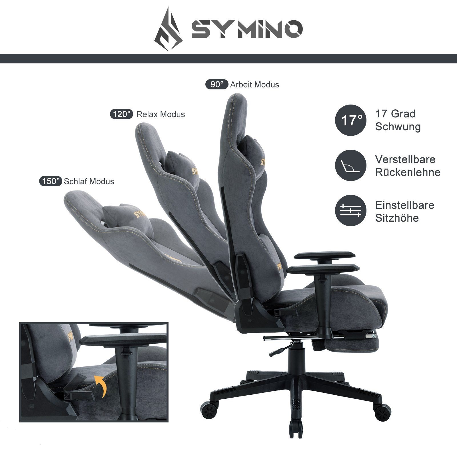symino Gaming-Stuhl Drehstuhl, verstellbare Armlehnen und Rückenlehne, Memory Foam Kissen mit Fußstütze, Grau – Bild 5 von 5