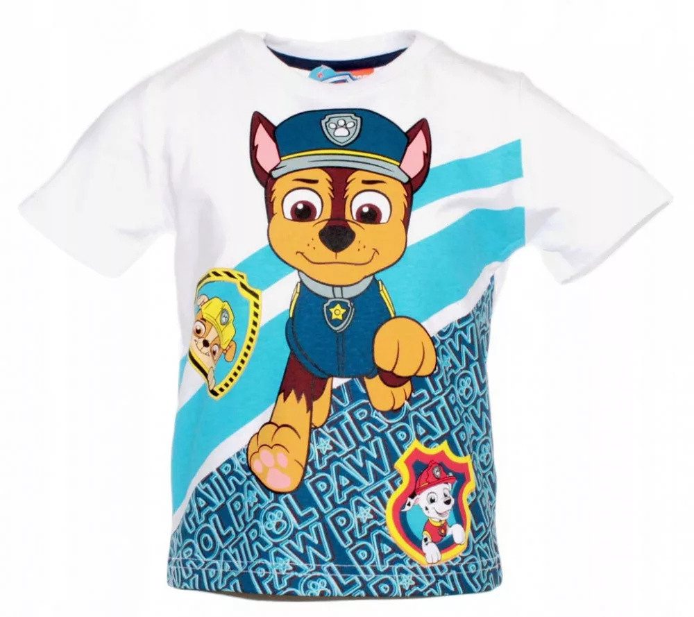 Javoli.com T-Shirt Paw Patrol Chase Kinder T-Shirt kurzarm – Weiß mit großem Helden-Print