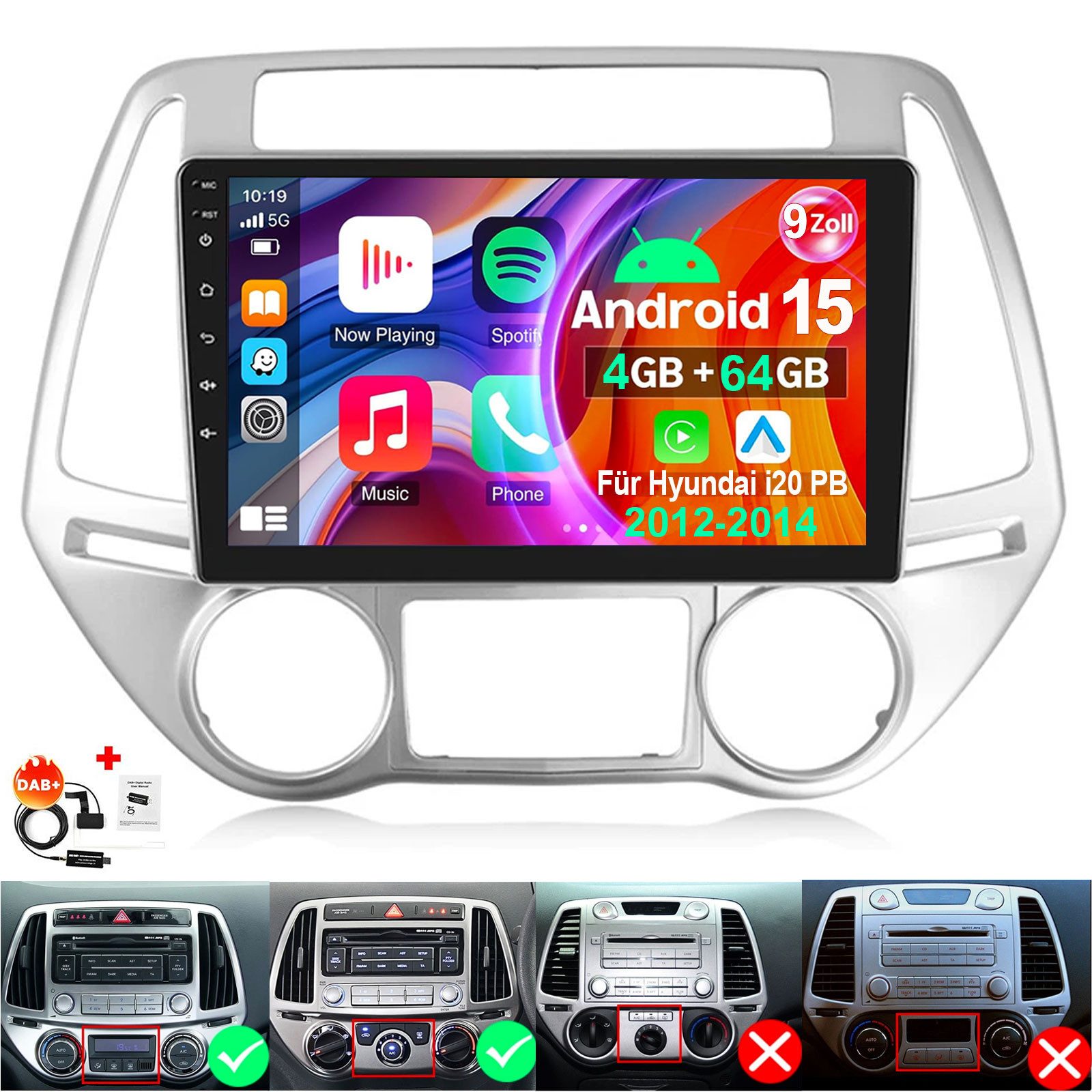 ESSGOO Android 15 Für Hyundai i20 PB 2012-2014 Carplay GPS Navi WIFI RDS Autoradio (RDS, 4+64GB(optional), DAB (optional), FM, AM, DAB+ (optional), Carplay Android Auto Bluetooth EQ USB GPS Navi WIFI Touchscreen)