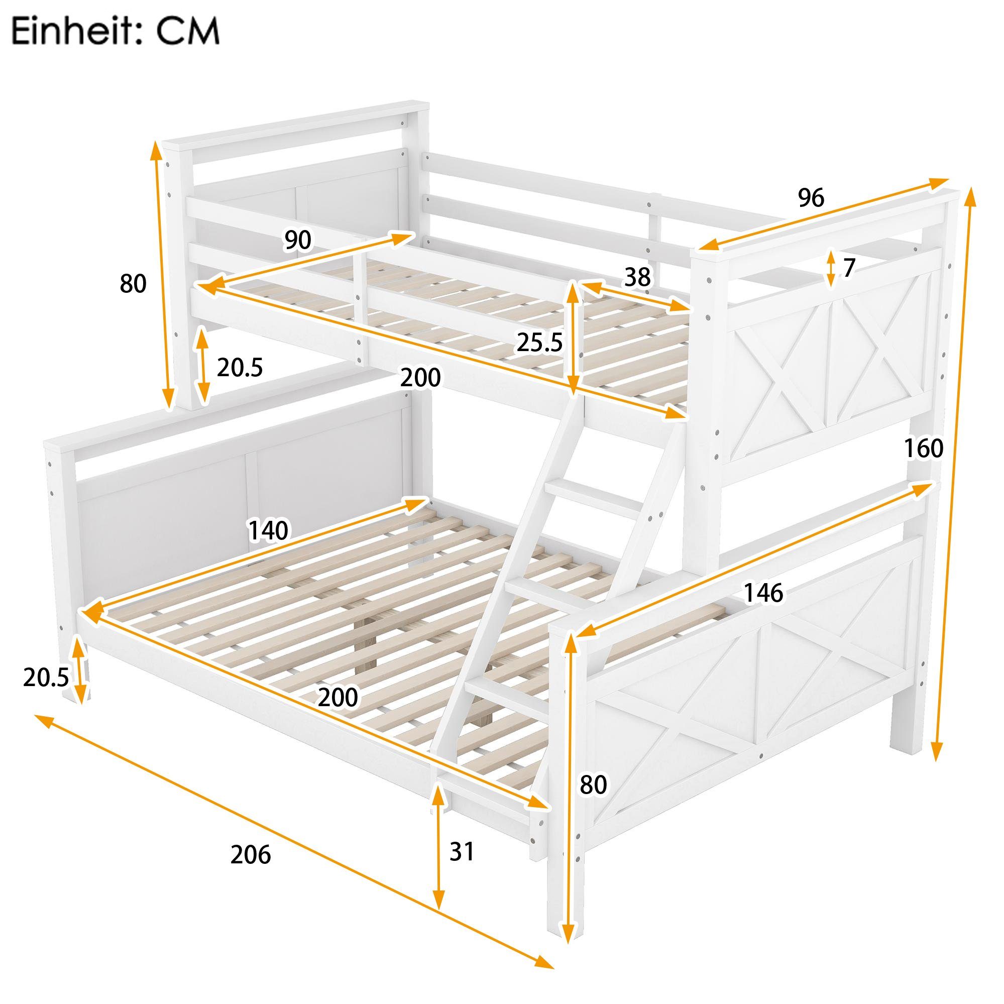 Sicherheitsgeländer, 2 für umbaubar OKWISH Ohne Bett Leiter Kinder Betten), Matratze getrennte Etagenbett, (mit in und 90(140)x200cm Weiß Holzbett