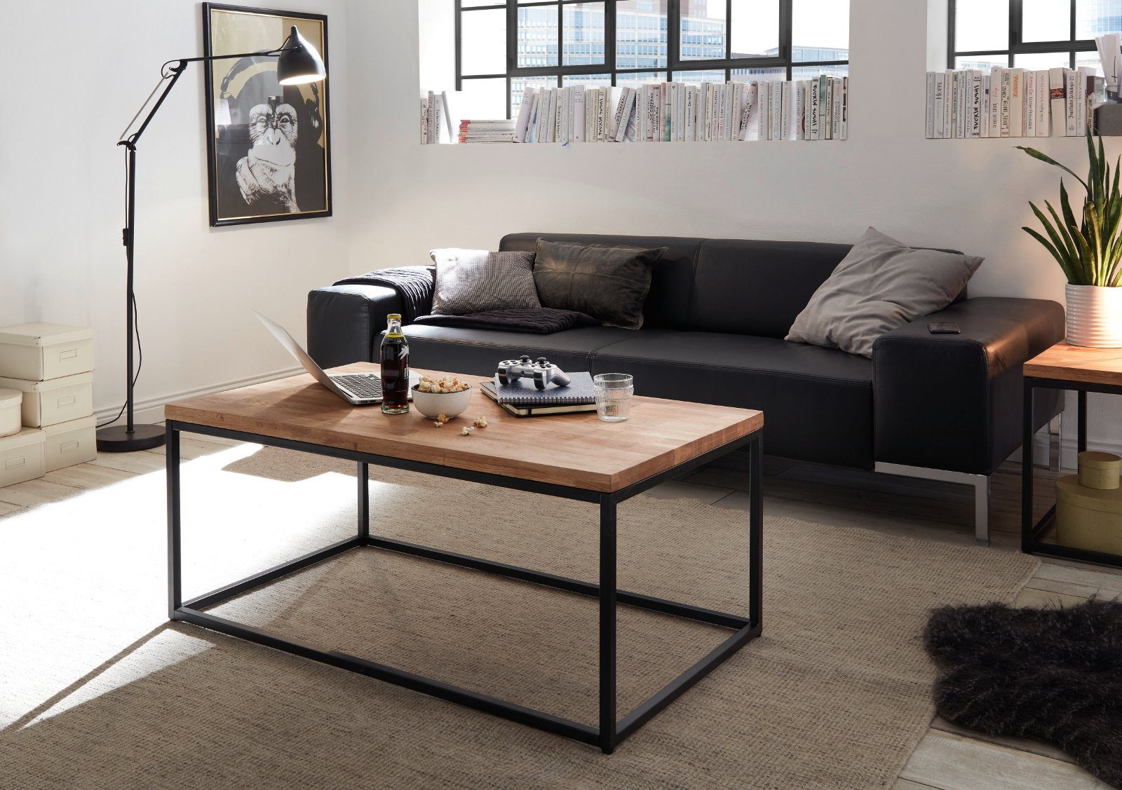 mit Couchtisch Sakura massive furniture (Wohnzimmertisch MCA schwarz), in 110x60 geölt Metallgestell Asteiche, cm,