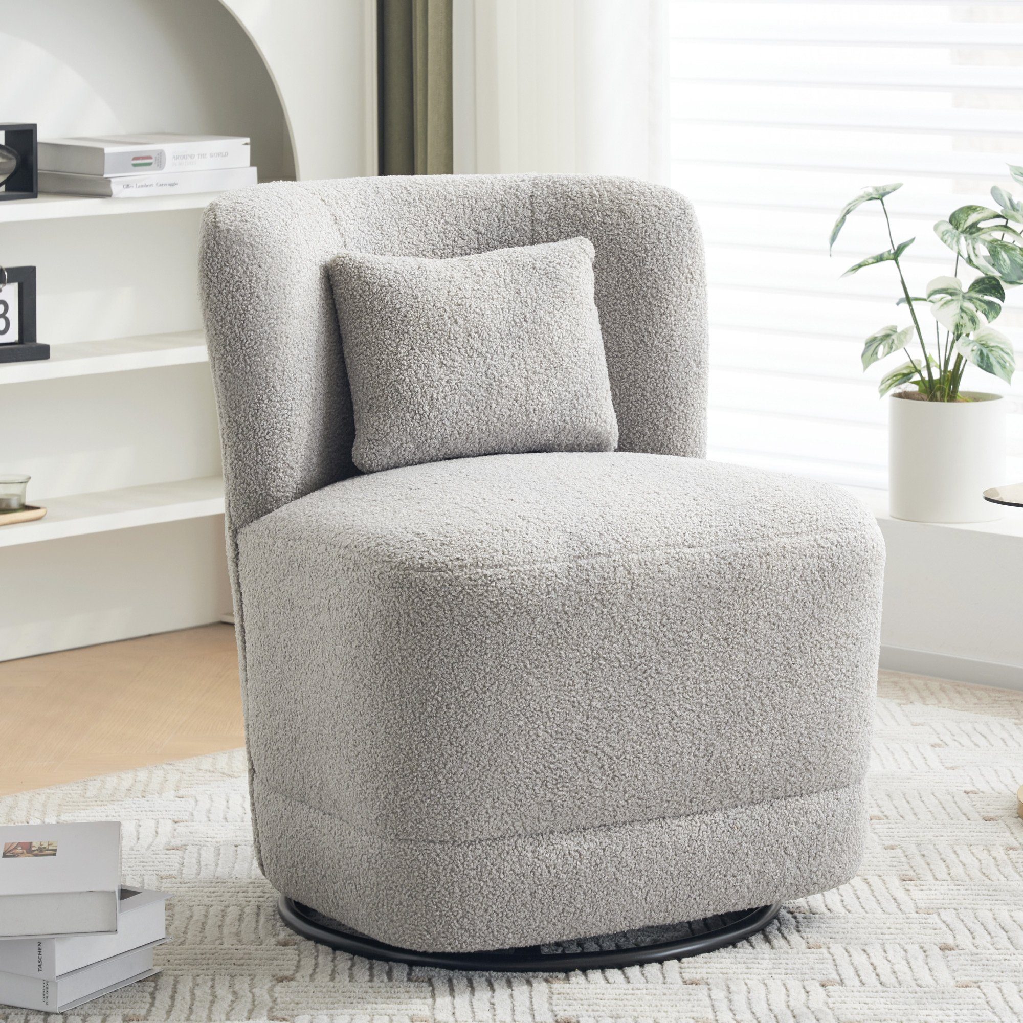 KLAM HOME Relaxsessel Ruhesessel Einzelsessel mit Lendenkissen (für Wohn-, Schlaf- und Arbeitszimmer, Freizeitstuhl), 360° drehbar Drehsessel bis 150kg belastbar grau | grau | grau | Sessel