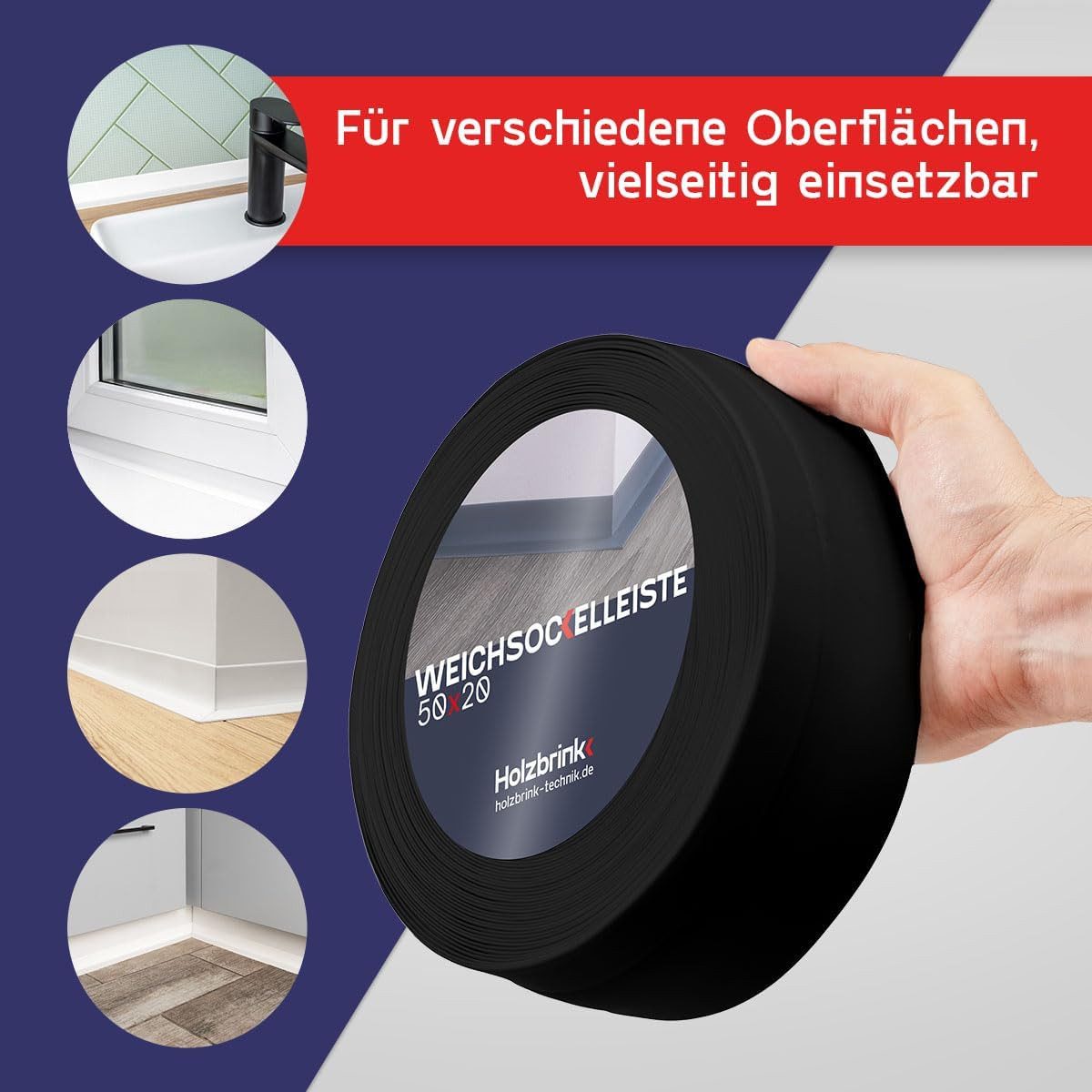 HOLZBRINK Sockelleiste HOLZBRINK selbstklebend PVC 50x20mm, 1 m, L: 100 cm, 1m Rolle, Küchenleiste Abschlussleiste für Badezimmer Farbe: Schwarz – Bild 4 von 5