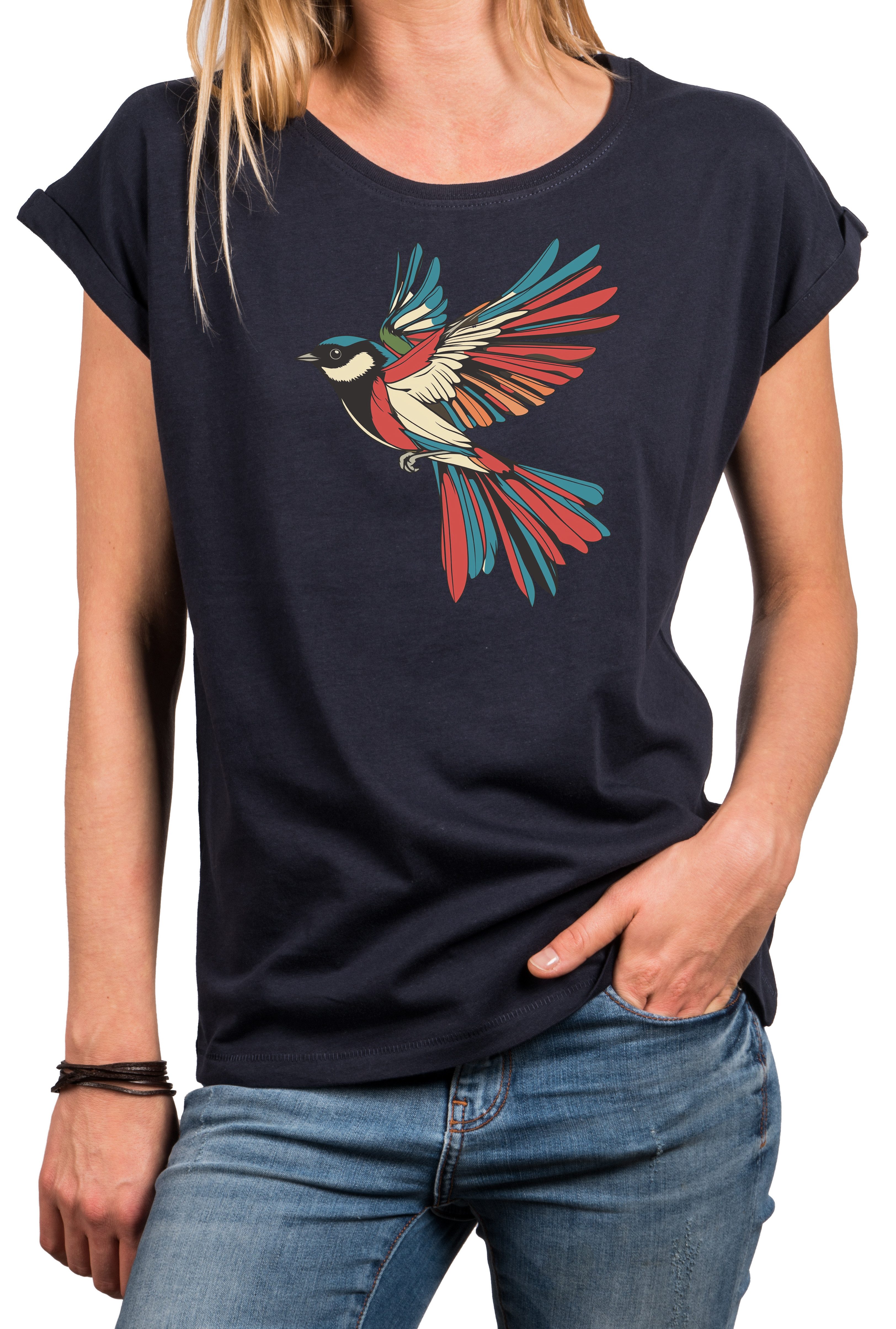 MAKAYA Kurzarmshirt für Frauen mit Vogel Print Vogelmotiv Maise Bunt Kolibr günstig online kaufen