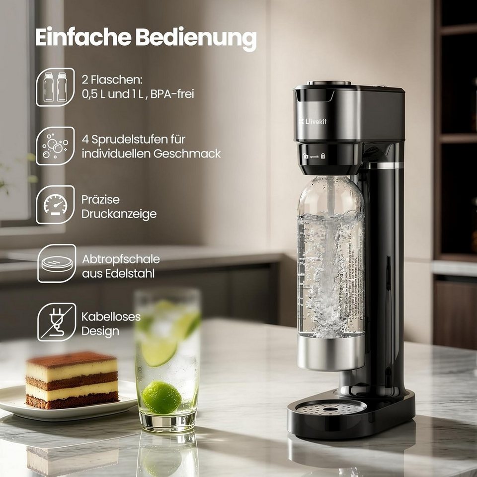 EUGAD Wassersprudler, Wassersprudler mit 4 einstellbaren Sprudelstufen mit Abtropfschale