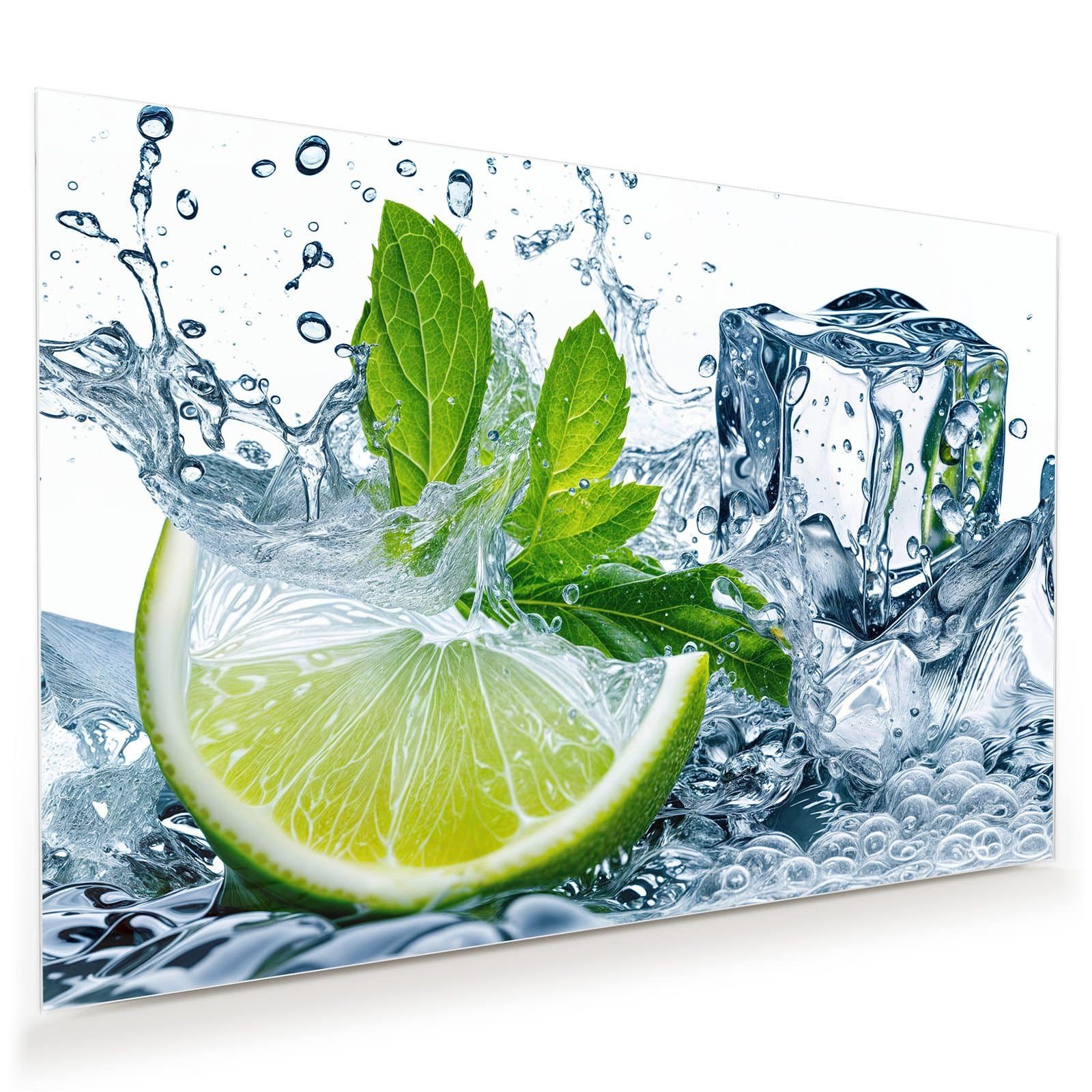 Primedeco Glasbild Wandbild Limettenspritzer mit Aufhängung, Getränke (21 verschiedene Größen, 1 St), Elegante Aufhängung