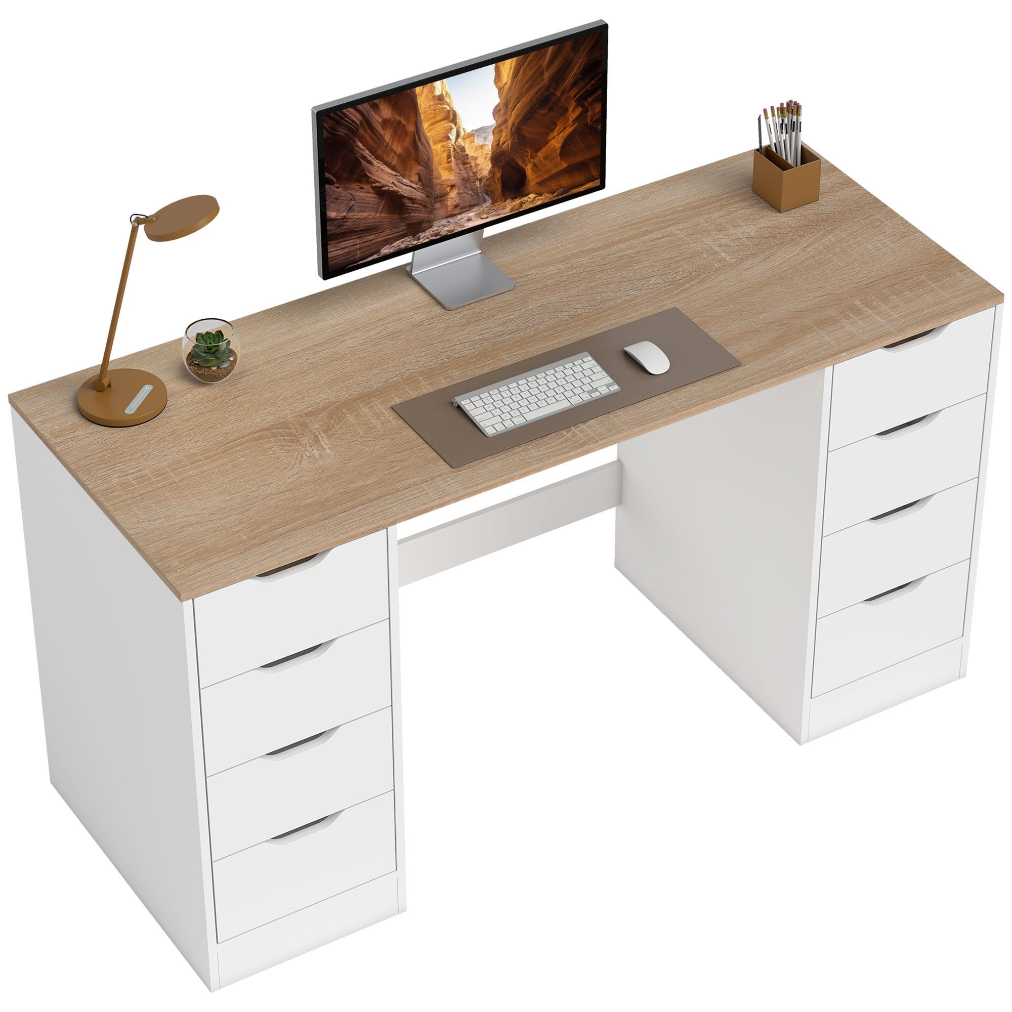 HOMCOM Schreibtisch Bürotisch mit 8 Schubladen 140 x 53 x 75 cm Moderner Tisch (Computertisch, 1-St., Arbeitstisch), für Arbeitszimmer, Wohnzimmer, Weiß – Bild 2 von 5