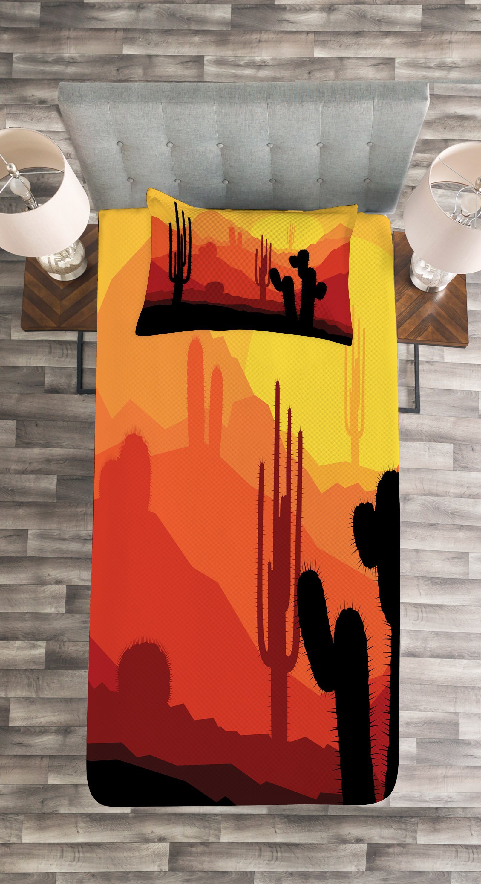 in mit Kissenbezügen Waschbar, Silhouetten Dämmerung Abakuhaus, Kaktus Arizona Tagesdecke Set der