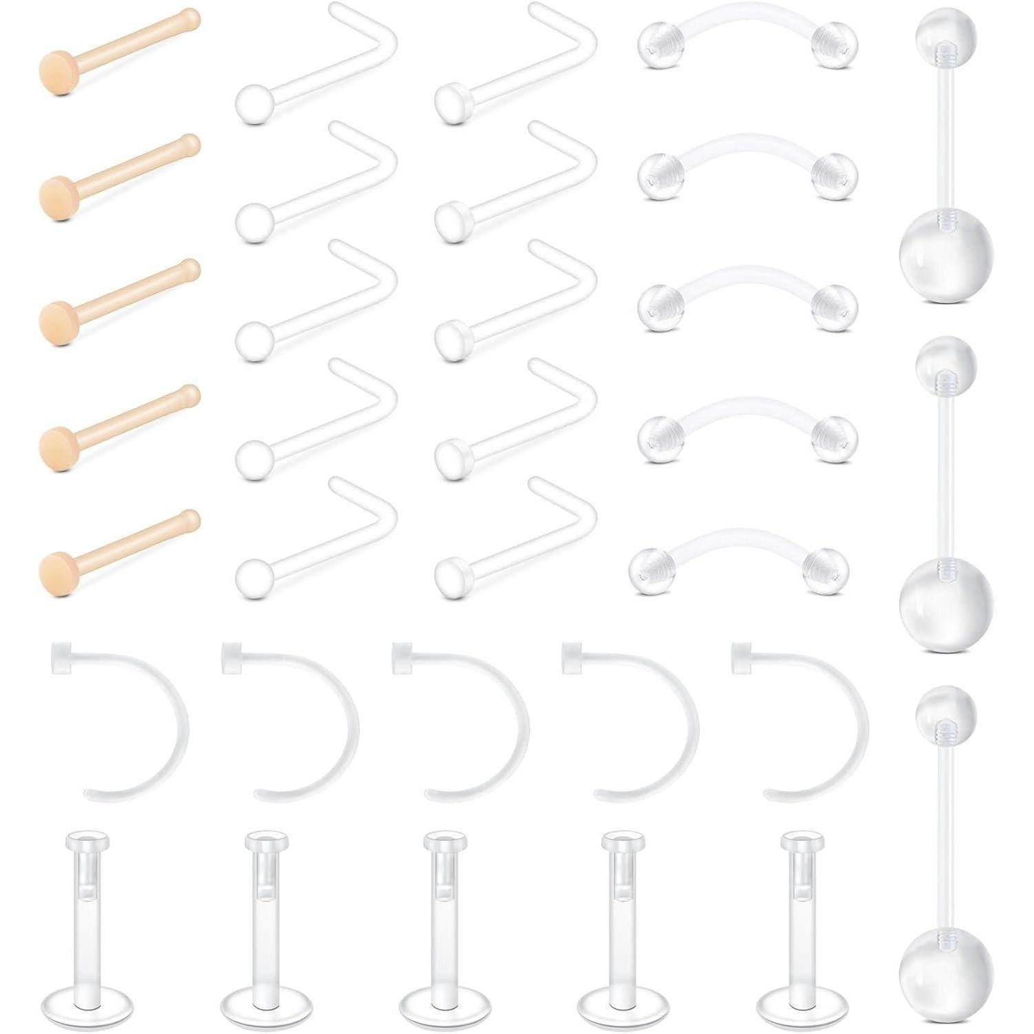 LuxusKollektion Piercing-Set Körperpiercing Klar Plastik Kit Bauchnabel Labret Nase Ohr 33 Stück