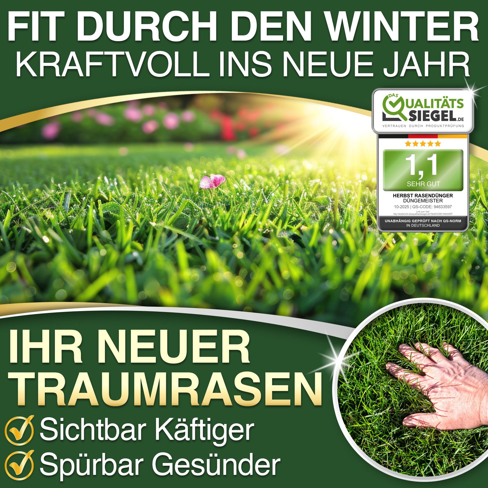 DÜNGEMEISTER Rasendünger Herbstdünger Herbst Kalium SchutzPlus 10/20/30kg 500-1500qm, 10 kg, Langzeitwirkung & Kalium SchutzPlus, stärkt die Widerstandskraft ge – Bild 5 von 5