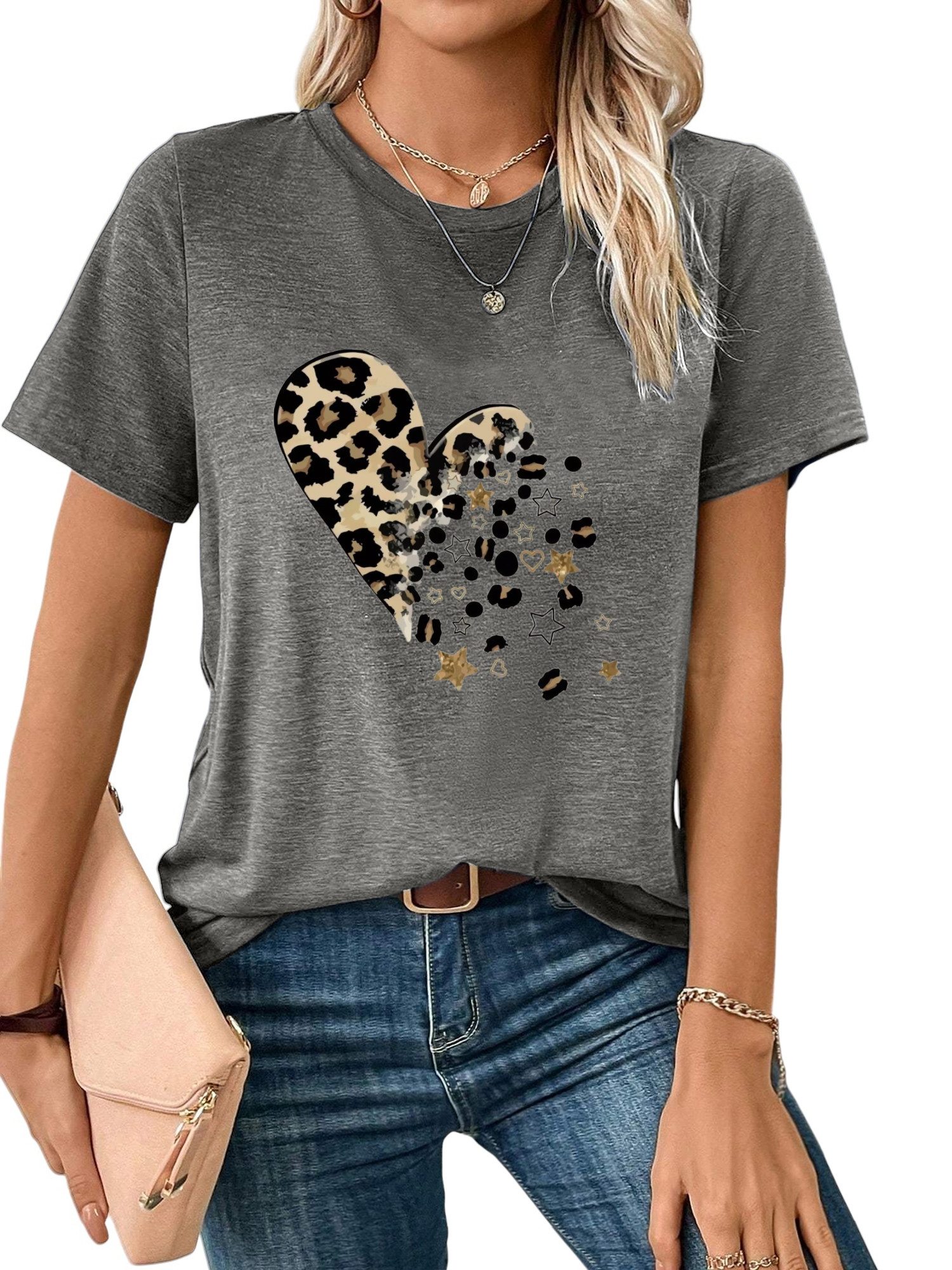 PYLIKE Kurzarmshirt Damen bequemes Sommer Kurzarmbluse Locker Leopardenherz Print-Shirt Bequem für Freizeit und Büro