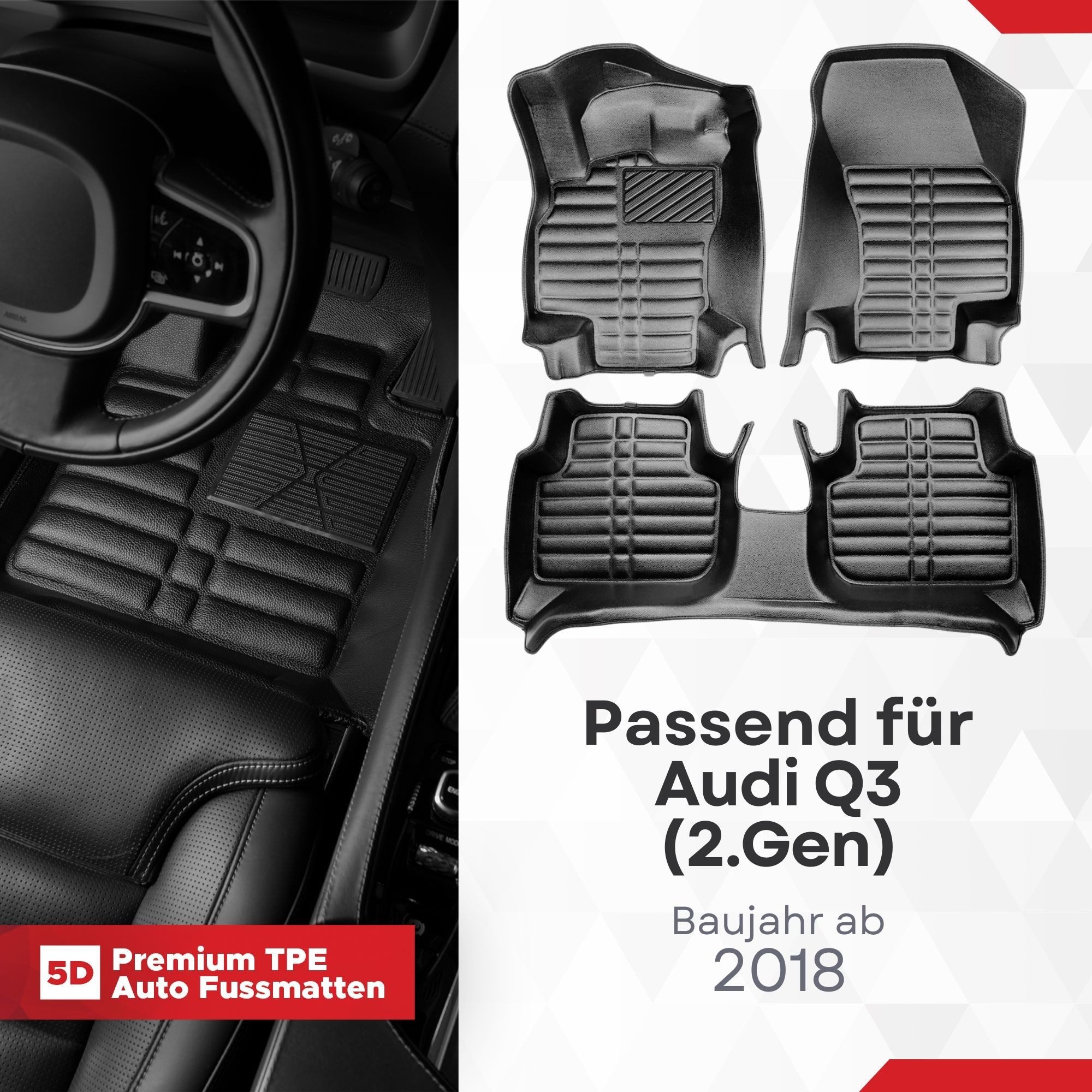 fussmattenprofi.com Auto-Fußmatte 5D Premium Auto Fußmatten TPE Set passend für Audi Q3 (2.Gen) ab 2018 (1 St), für Audi Audi Q3