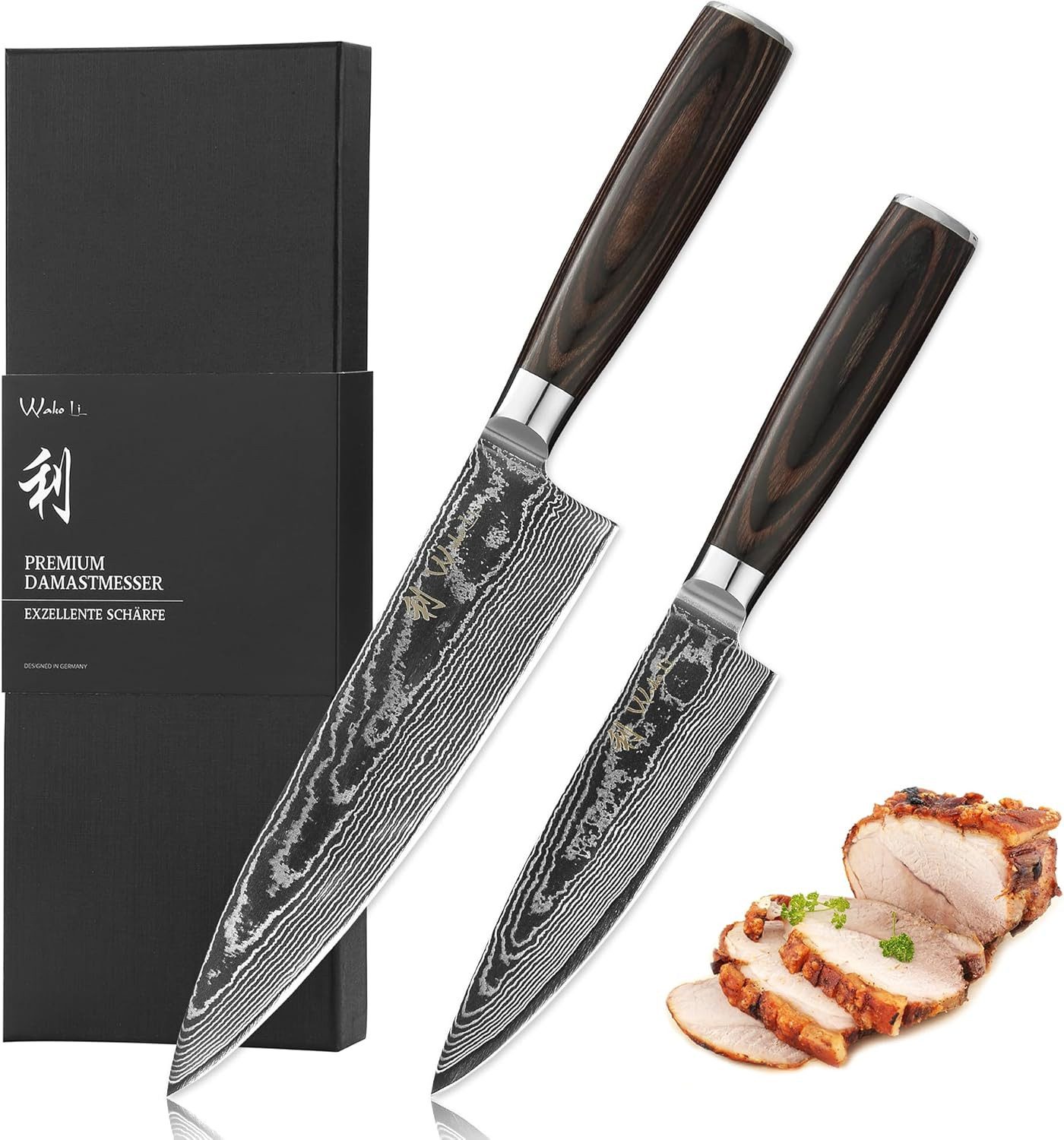 Wakoli Messer-Set EDIB Essentials 2er Set Damast Chefmesser I Kochmesser 13/20cm Klinge (Damastmesser mit Geschenkbox, 2-tlg., 2er Chefmesser-Set), VG10 Kern, 67 Lagen Damaststahl, Pakkaholzgriff, inkl. Geschenkbox