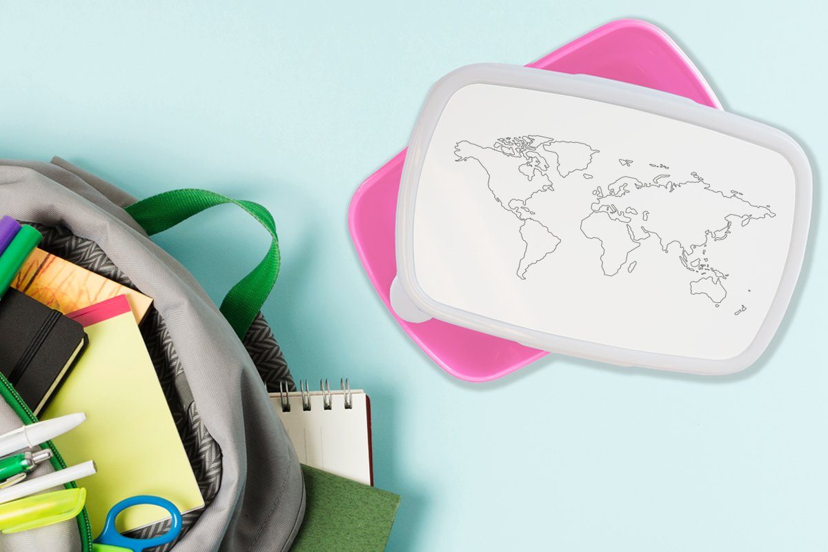 rosa Erwachsene, - Mädchen, Weltkarte Schwarz (2-tlg), Kunststoff, MuchoWow Kunststoff für Lunchbox Brotdose Weiß, Snackbox, - Kinder, Einfach Brotbox -