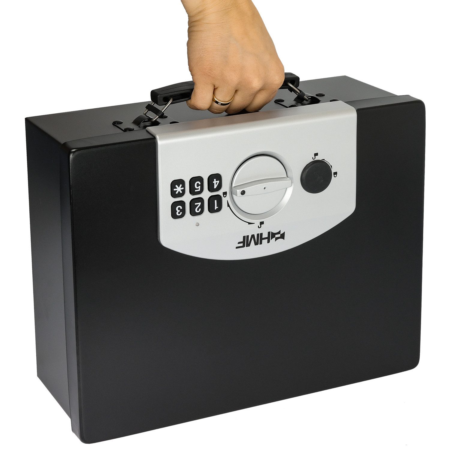 HMF Geldkassette Kleiner Tresor mit Elektronikschloss, Dokumentenkassette, Dokumentenbox für DIN A4 Dokumente, 32,5 x 25,5 x 12,5 cm, schwarz – Bild 5 von 5