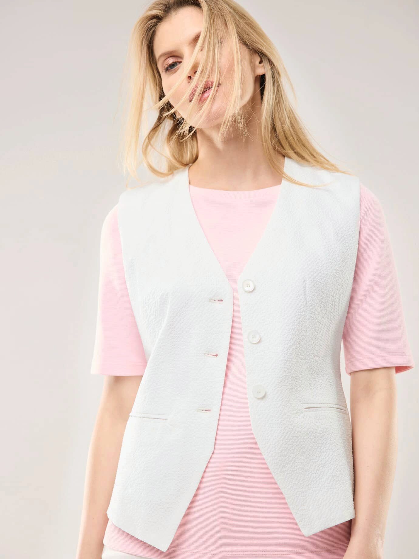 Walbusch Jerseyweste Damen Seersucker Weste V-Ausschnitt pflegeleicht Atmungsaktiv mit Baumwollfutter, elastisch, 3-Knopf, 2 Paspeltaschen