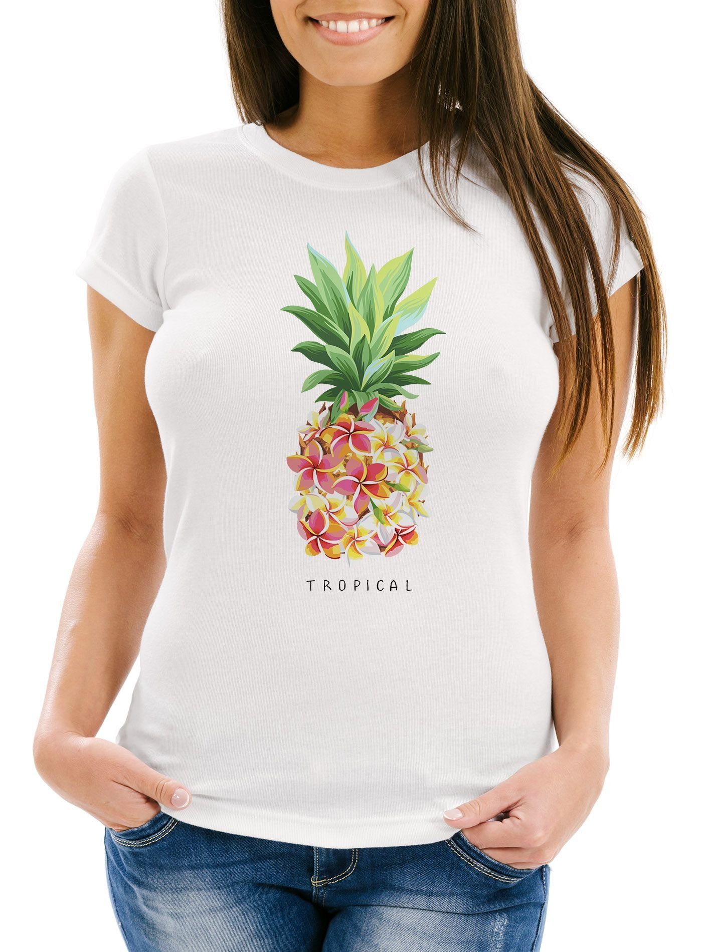 Neverless Print-Shirt Damen T-Shirt Ananas Blumen günstig online kaufen