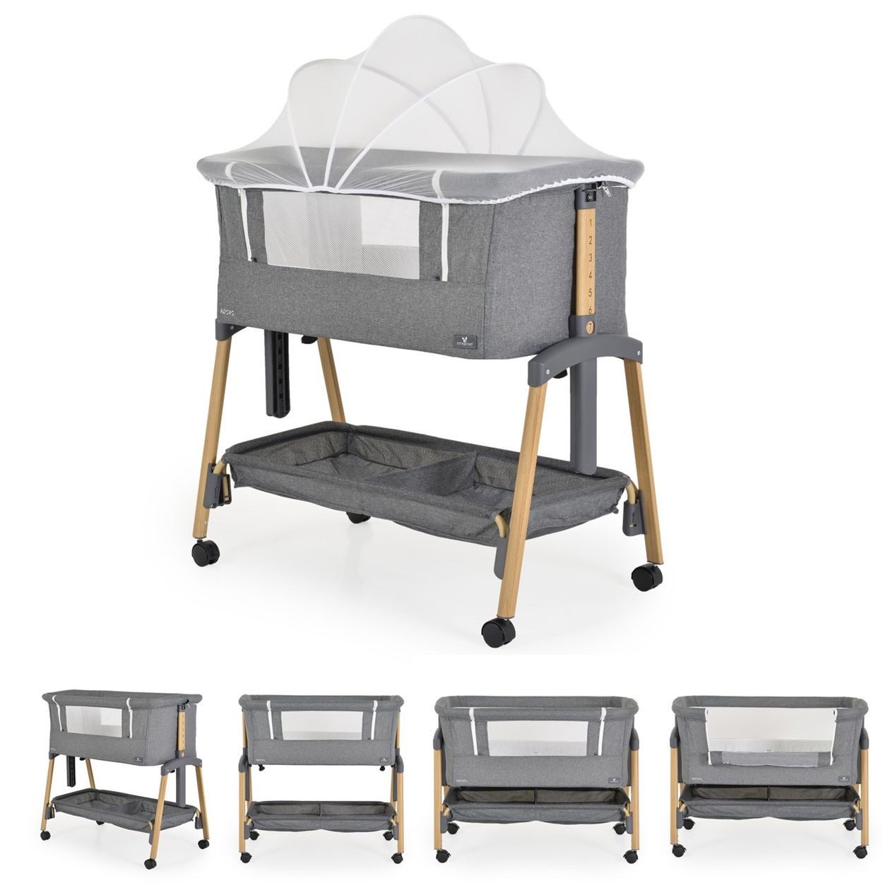 Cangaroo Komplettbett Babybett, Beistellbett Adoro, verstellbar, Matratze, Moskitonetz, Räder