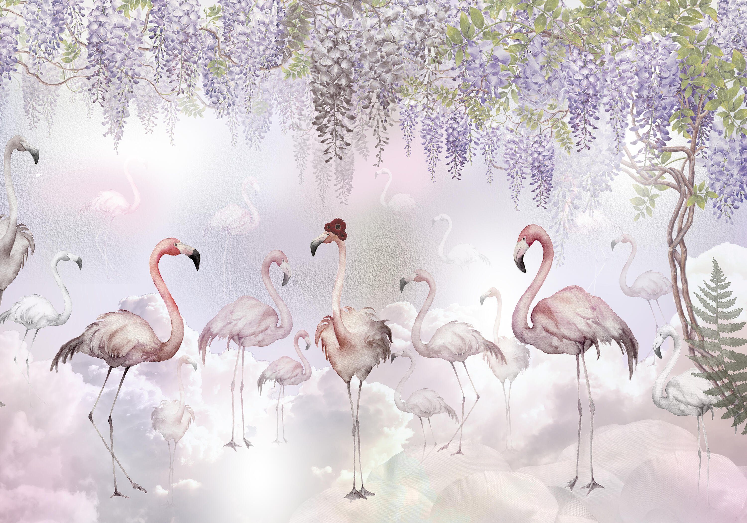wandmotiv24 Fototapete rosa Flamingos Blüten pastell, glatt, Wandtapete, Motivtapete, matt, Vliestapete