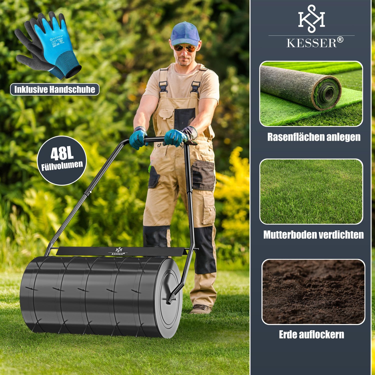 KESSER Rasenwalze Metall befüllbar mit Wasser oder Sand, Rasenroller inklusive 5X Spikes & Handschuhe,Gartenwalze mit 48 Liter Füllvolumen / 60 cm breit Handwalze