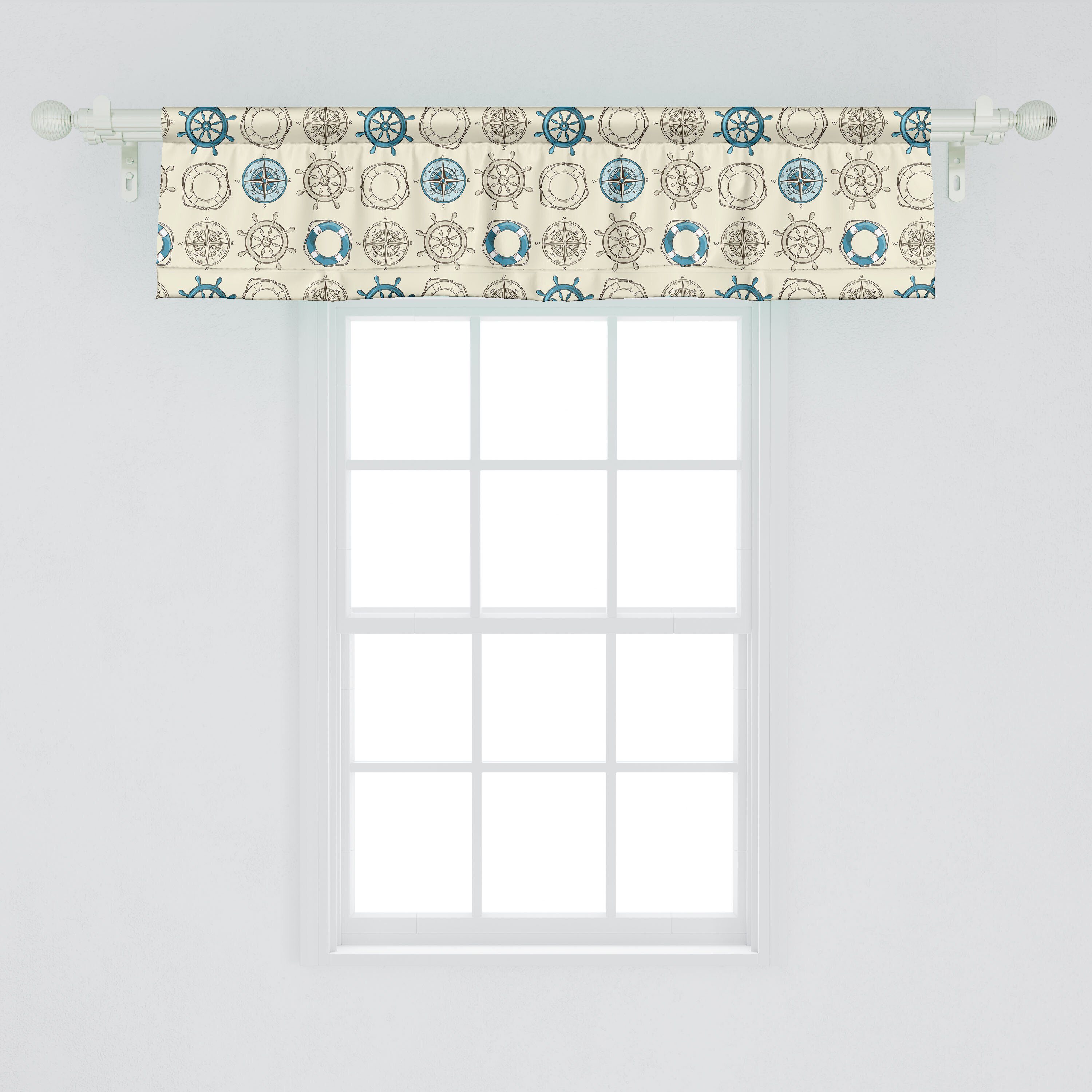 Scheibengardine Vorhang Volant für Küche Microfaser, Abakuhaus, Schlafzimmer Retro Inspired mit Kompass Marine Dekor Stangentasche
